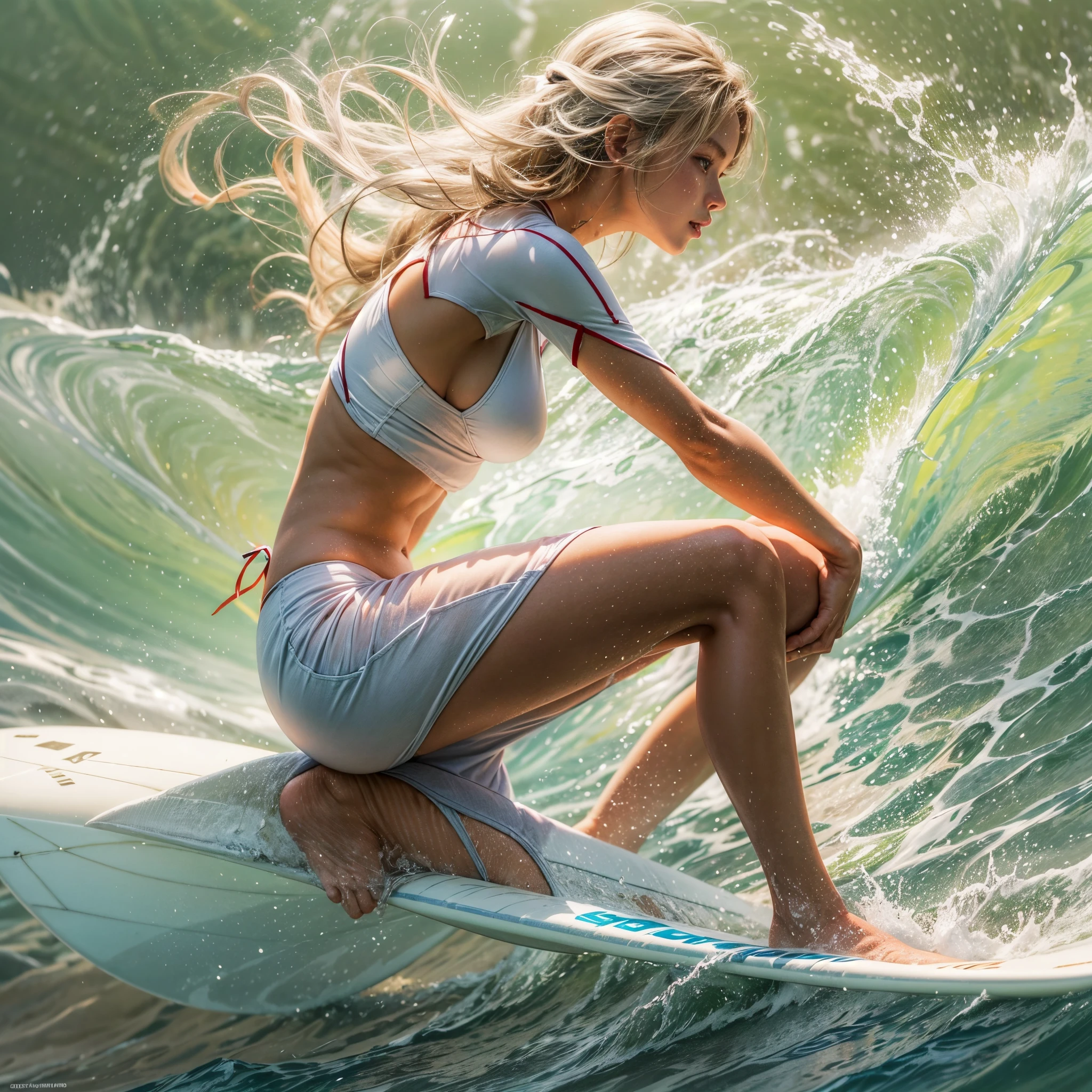 (((SFW, Acutance))), a tiny Surfer girl in white swimsuits, (((engaged in the act of surfing))), glistening tanline, under the mesmerizing back lighting. They gracefully ride the powerful waves, showcasing their Beautiful body and acrobatic skills. creating a breathtaking and ethereal atmosphere. Whole Body proportions and all limbs are anatomically accurate . (nipple:-0.8)