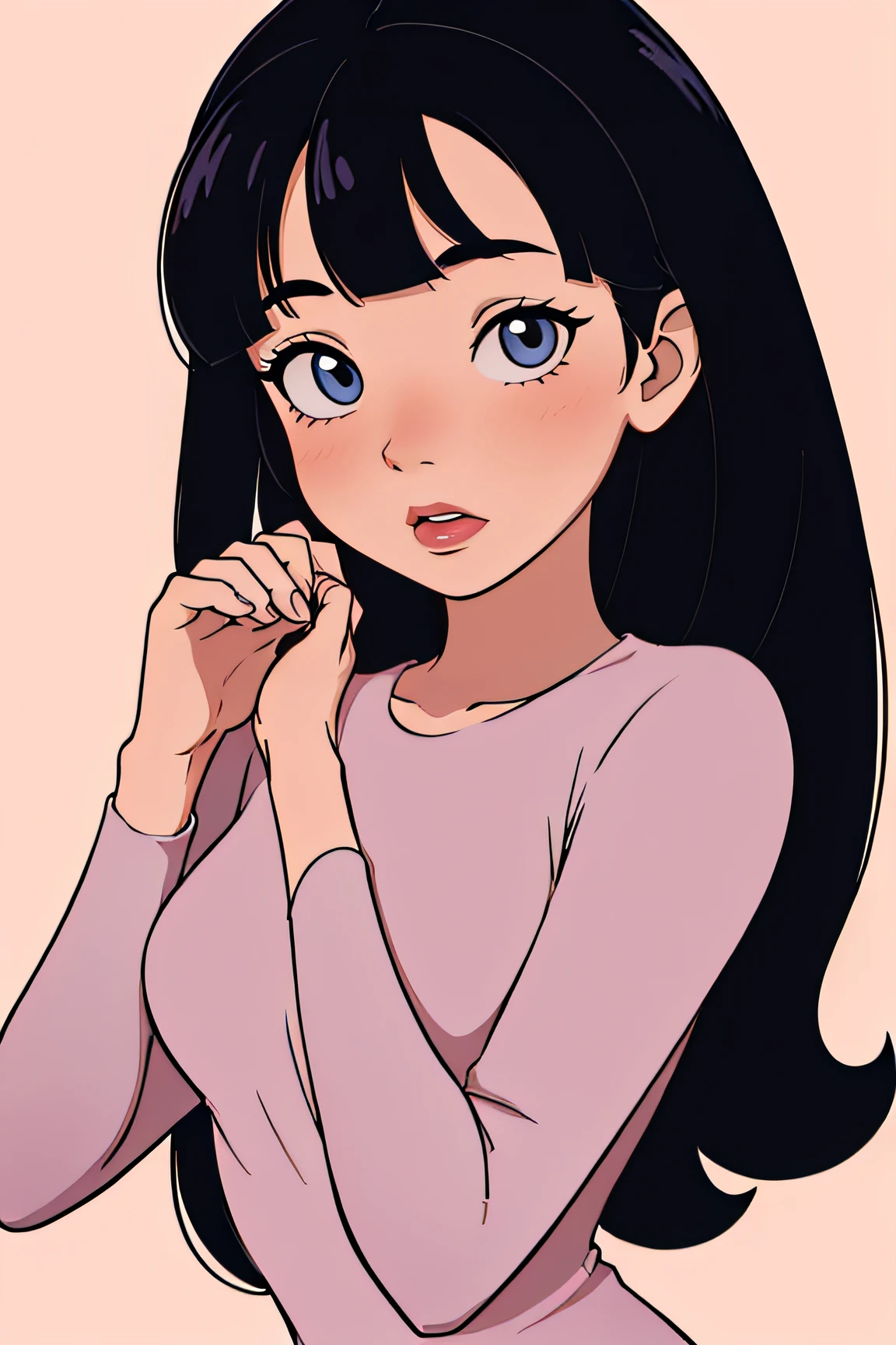 (1girl, Best quality,hotify:1.2,highres:1.4), closeup, black hair, long hair, hair bangs, sharp and hazel eyes, cute, innocent, 1girl, blush, pale skin, wearing pink long sleeve top.