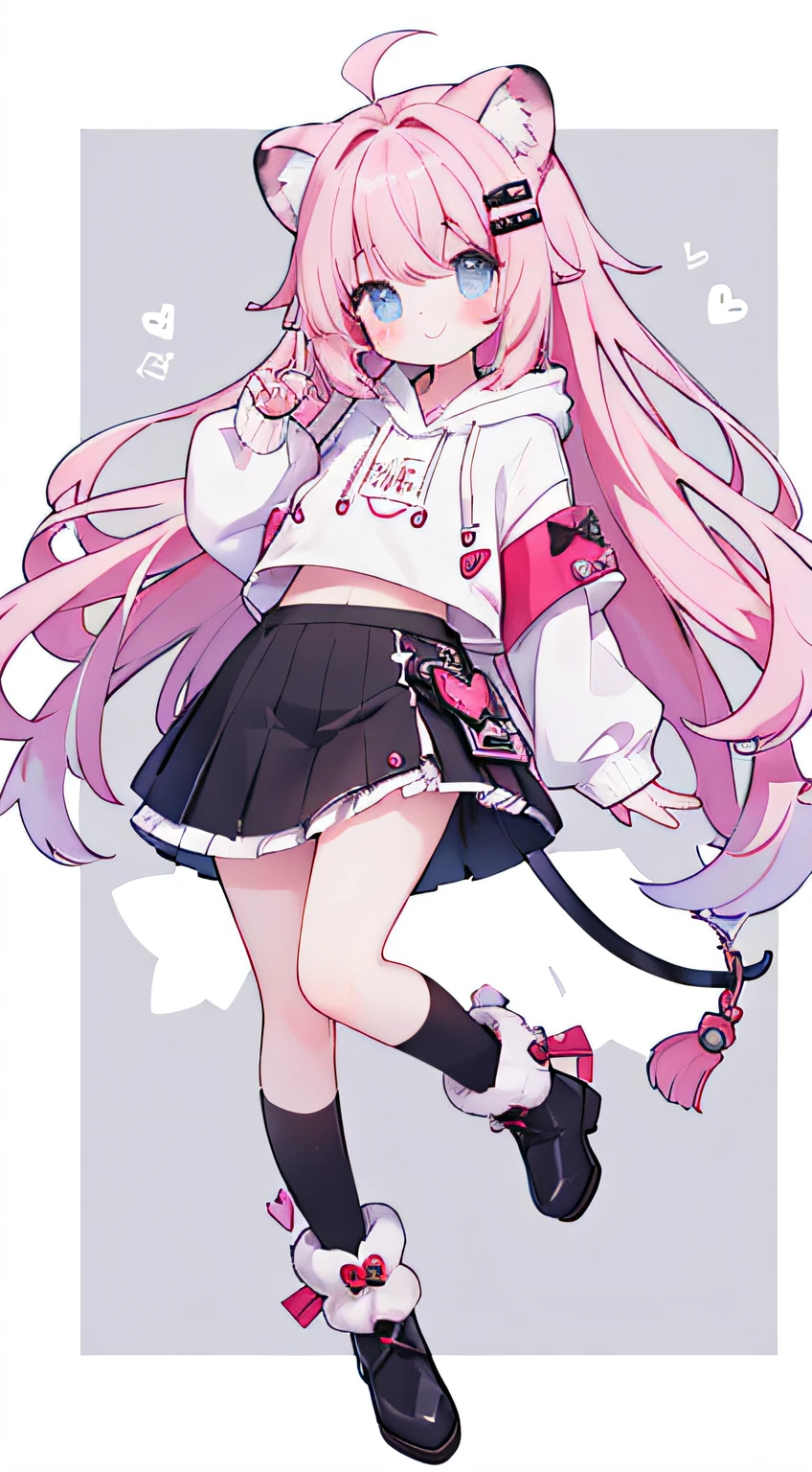 (masterpiece、top-quality、hightquality)、full body of a young girl、One 、Long pink hair、Tied hair、Fluffy、Black short skirt、Mafia Girls、full body Esbian、Fluffy atmosphere、Leather boots、Pure white background、smil、Active、lion motif hoodie、