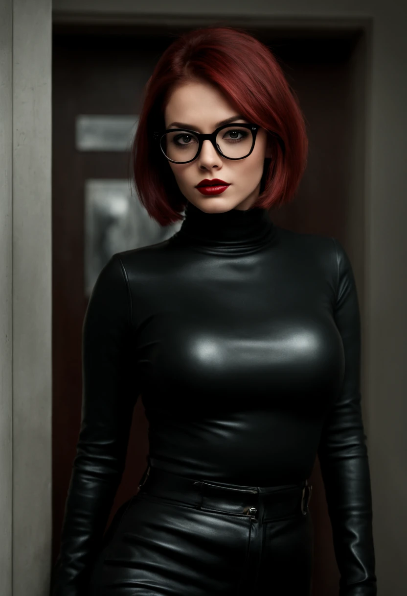 mj, RTX, 4k, HDR, Anna Razumovskaya, Casey Baugh, Antonio Mora, Aminola Rezai, Giovanni Boldini, art, realistic art.attractia A 22 year old beautiful cool geek with glasses, dark red hair in a bob, she is wearing black turtle neck, and black leather pants burglar attire, she is in an office uploading a virus into a computer, the office is dark, however light is coming in because the door is ajar, penthouse playmate atmosphere, charcoal illustrations.