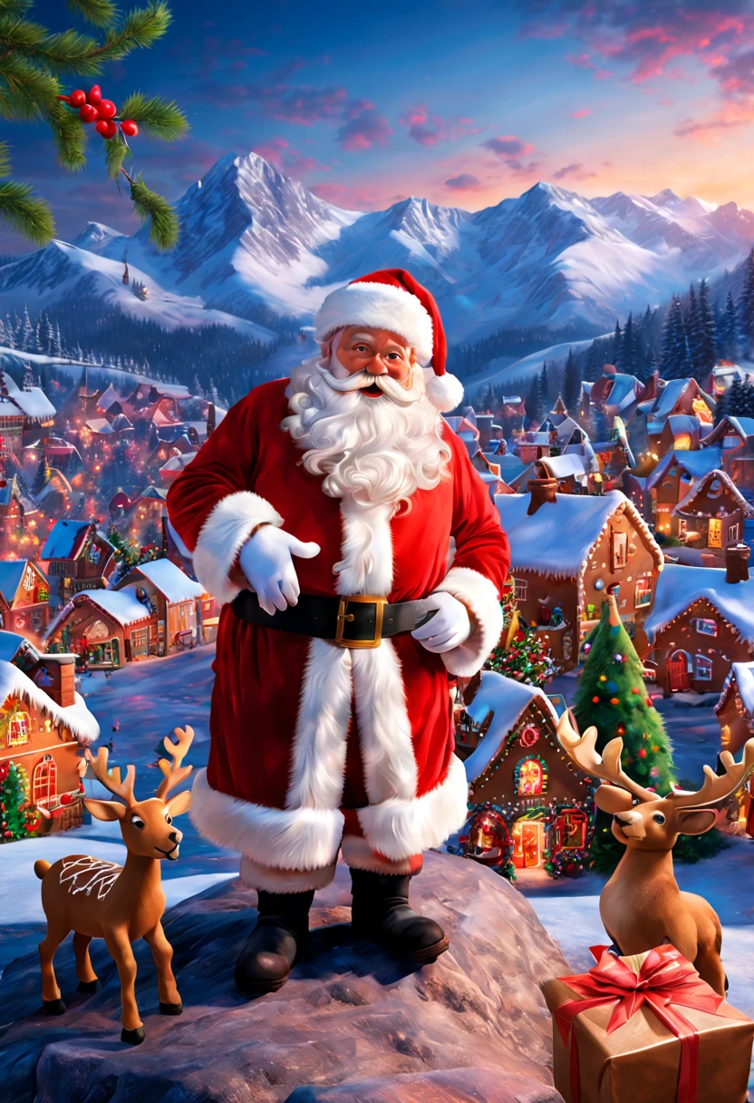 ((A kind Santa Claus lives on the top of a mountain. There a small town as beautiful as gingerbread at the foot of the mountain, Whoville.The town of Whowell getting ready for Christmas, santa, And an overweight reindeer,All items in town. Christmas gifts, food and various decorations)), (traditional art, illuminations, Exquisite、Best quality at best、ultra - detailed、the good、Positioning details,RGB color, hyper realisitc, with light glowing, Ghibltyle colors, Realiy, hyper HD, tmasterpiece, acurate, Anatomically correct, ctextured skin, super detailing, high qulity, Award-Awarded, Best quality at best, 8K,Vibrant colors,high saturated, ultra-wide-angle, external, by Pixar)