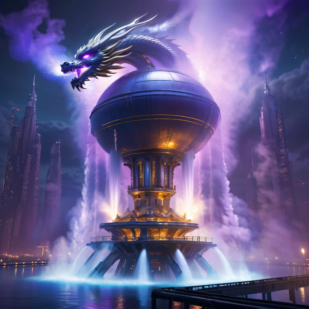 Spectacular futuristic sci-fi night spaceship erupting from steam engine,sparkling silver water column.There a Chinese golden dragon spraying water in this water column,Emit purple energy,and emits a slight blue light,Make the entire spacecraft look mysterious and high-tech。 The shape of the water column in the spaceship also very futuristic.........