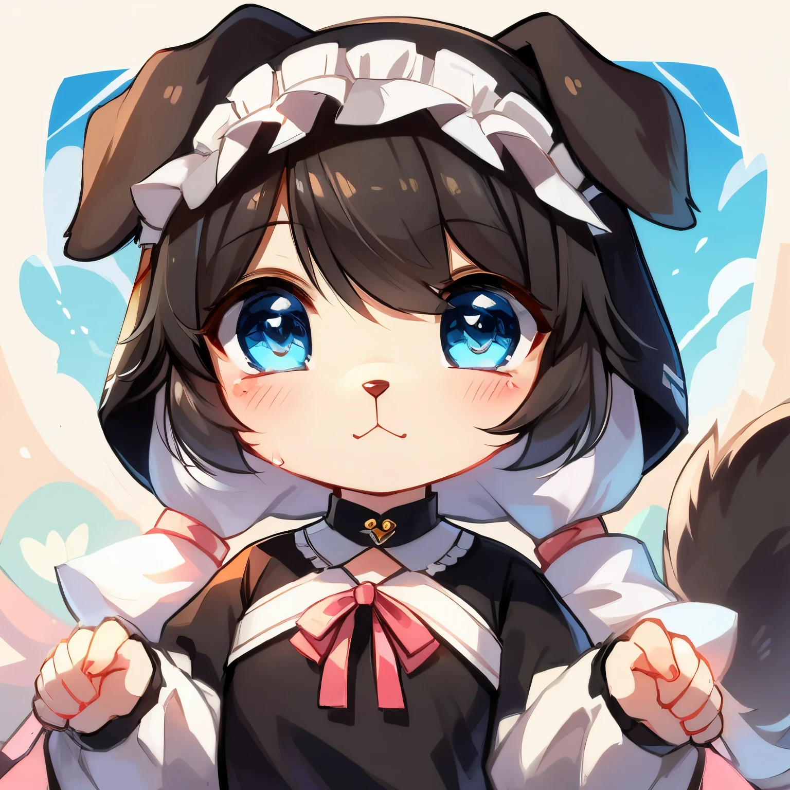 dog character, kawaii hair, cute eyes, soft, kawaii fashion, black fur, blue eyes, white fur patches
