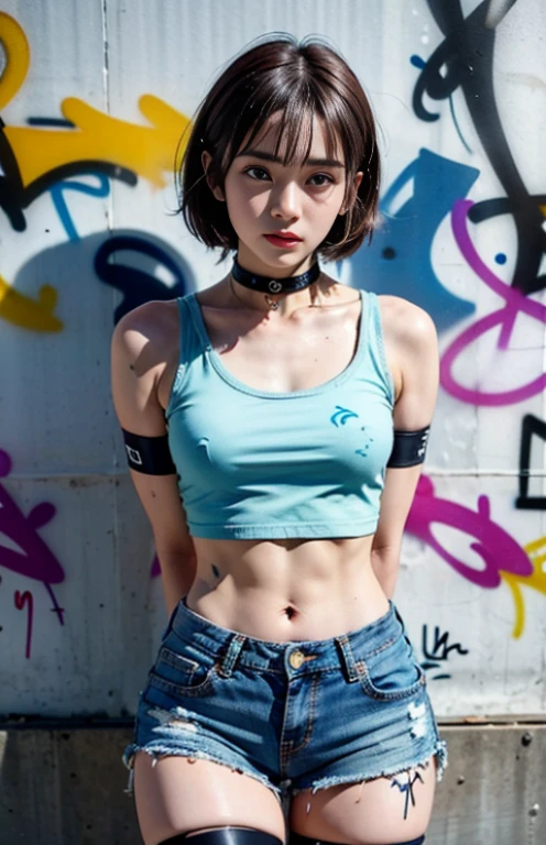 masterpiece, best quality, 1girl, solo, crop top, denim shorts, choker, (graffiti:1.5), paint splatter, arms behind back, against wall, looking at viewer, armband, thigh strap, paint on body, head tilt, bored, multicolored hair, aqua eyes, headset,