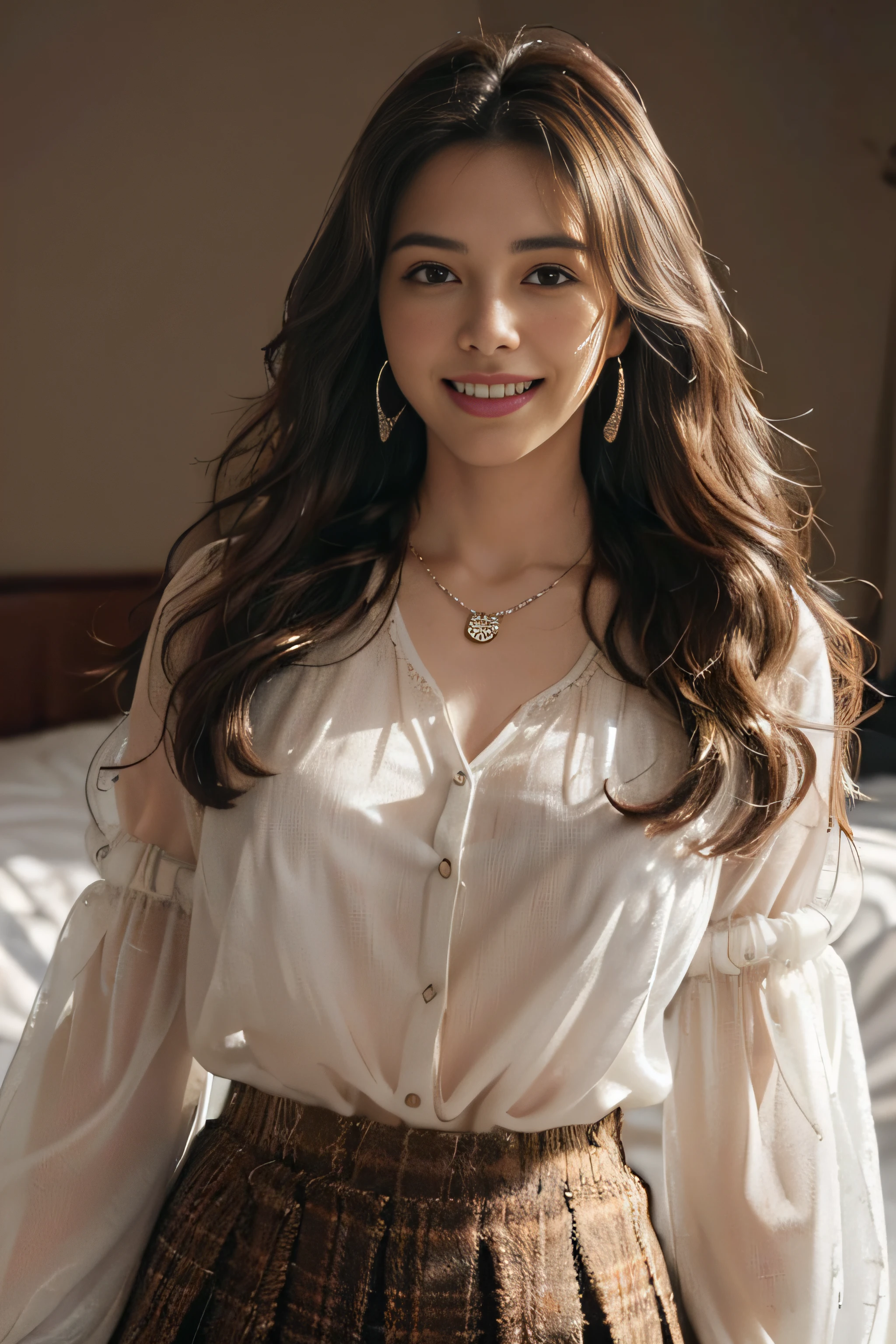((Very beautiful girl:1.3)),((White Button Blouse＿long-sleeve＿Big necklace_Large earrings＿see-through sleeves,brown tweed skirt:1.4)),((FULL BODYSHOT:1.5)),((On a hotel bed:1.3)),((FULL BODYSHOT:1.5)),((Thin_fabric:1.4)) ((Doing work:1.3)) ((Her face is flushed:1.2)) ((Medium milk:1.2)) ((close-up:1.2)) Best Quality,masutepiece,超A high resolution,(Photorealistic:1.4),Raw photo,(Authentic skin texture:1.3),(Film grain:1.3),the panorama,Character Portrait,Very Wide Shot,Narrow waist,Cowboy Shot,(In the Dark, deepshadow, lowkey, cold light,) Night,((loose wavy hair:1.2)),((brown super long hair:1.2))Streaming Tears,,Dust,Tindall Effect,(expression),1girl in,beautiful detailed eyes and face,White Jabot)) ((Smile:1.3))
