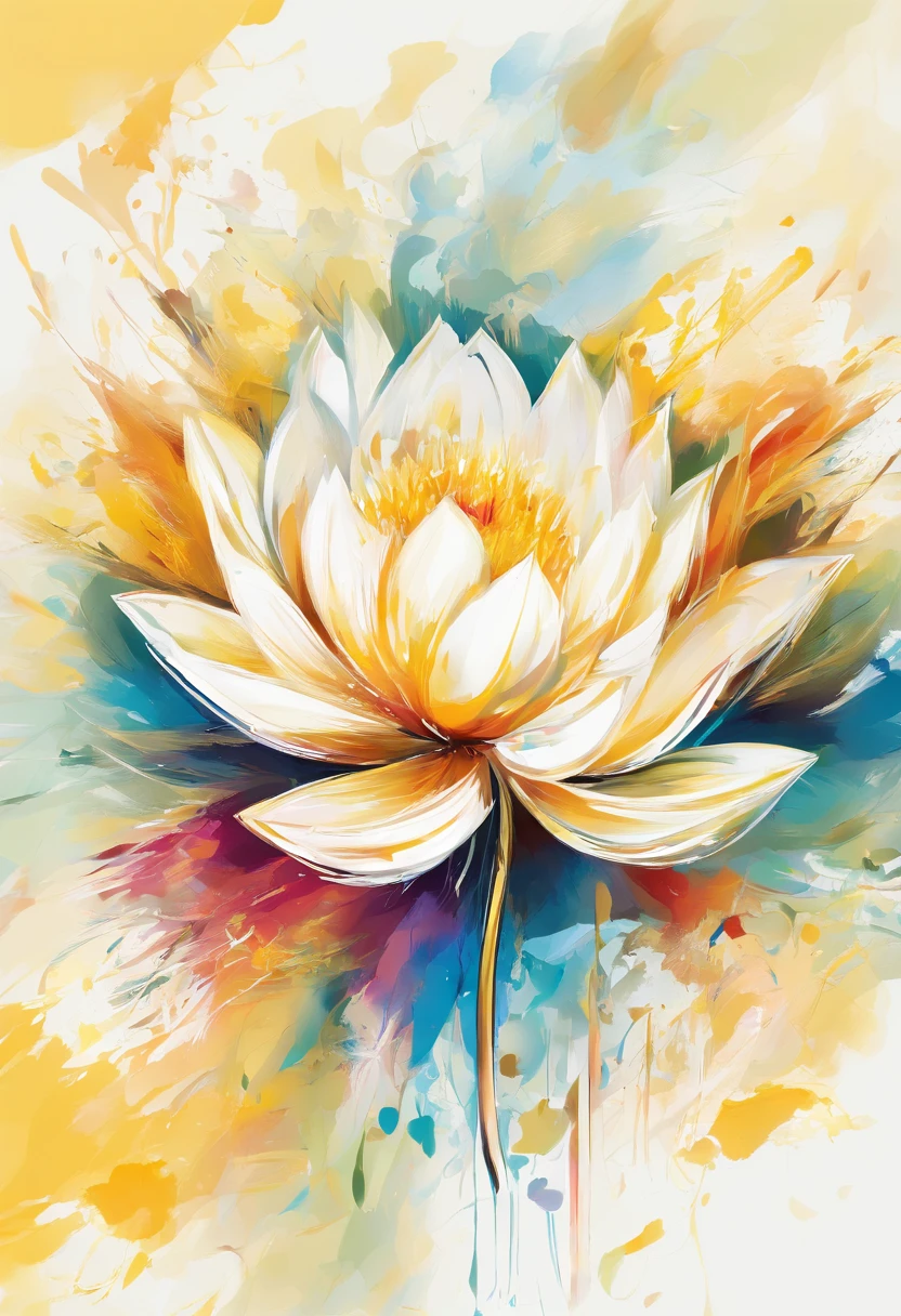 Draw an abstract painting of a single flower.,White Lotus Flowers、round lotus leaf behind、use acrylic paint、Abstract artist known for his unique use of acrylic pouring, real brush strokes,aesthetic composition,Minimal style, slow stroke、shape of light、White lotus flower symbolizes peace of mind.、Express the feeling of having a lighter burden on your heart、The main color of the work is bright and clean light yellow......、Add moist compacted sand、Enhances the texture and tactile elements of your artwork, While staring at this image, oot、Interaction of color and texture、feel a sense of relief、guided by salvation