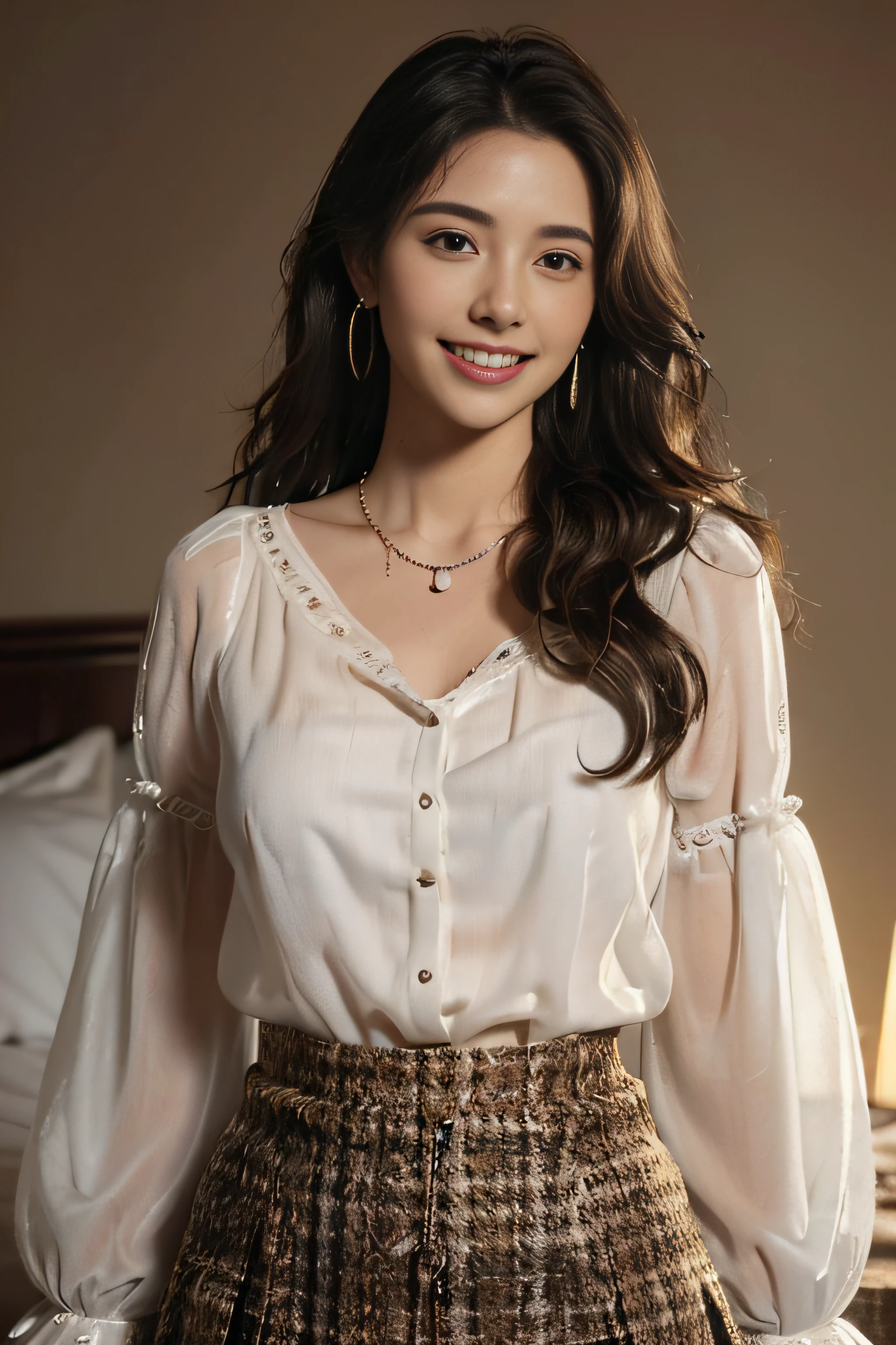 ((Very beautiful girl:1.3)),((White Button Blouse_long-sleeve_Big necklace_Large earrings_see-through sleeves,brown tweed skirt:1.4)),((FULL BODYSHOT:1.5)),((Lying on a hotel bed_arms spread wide:1.3)),((FULL BODYSHOT:1.5)),((Thin_fabric:1.4)) ((Doing work:1.3)) ((Her face is flushed:1.2)) ((Medium milk:1.2)) ((close-up:1.2)) Best Quality,masutepiece,超A high resolution,(Photorealistic:1.4),Raw photo,(Authentic skin texture:1.3),(Film grain:1.3),the panorama,Character Portrait,Very Wide Shot,Narrow waist,Cowboy Shot,(In the Dark, deepshadow, lowkey, cold light,) Night,((loose wavy hair:1.2)),((brown super long hair_waist-length hair:1.2))Streaming Tears,,Dust,Tindall Effect,(expression),1girl in,beautiful detailed eyes and face,White Jabot)) ((Smile:1.3))