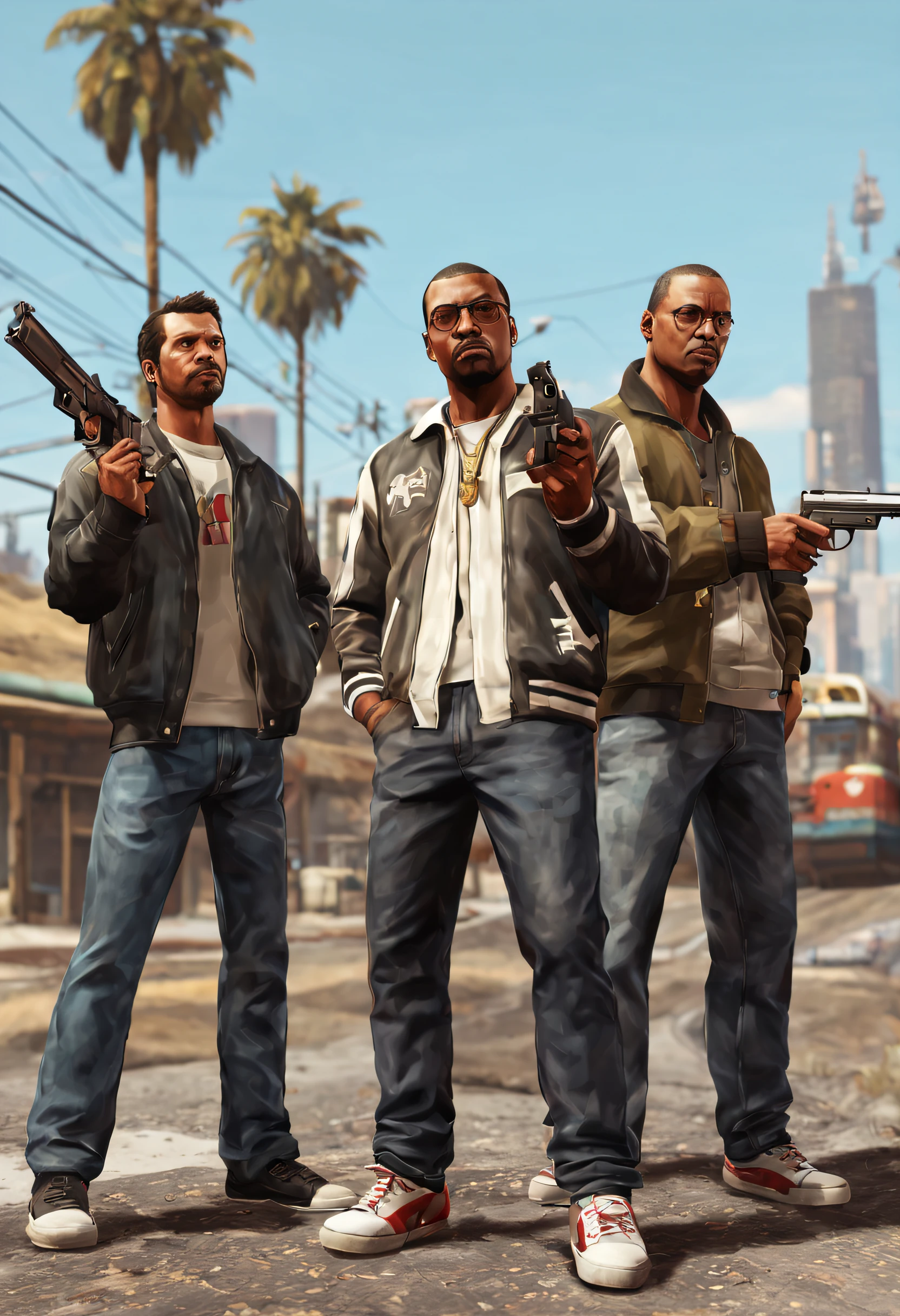 people standing on street corner,All kinds of strange expressions,hip hop emoticons,hip hop style,Each of the three men was armed with a Desert Eagle semi-automatic pistol.,There a bus in the background, gta chinatown art style, grand theft auto art style, GTA V art style, GTA loading screen art