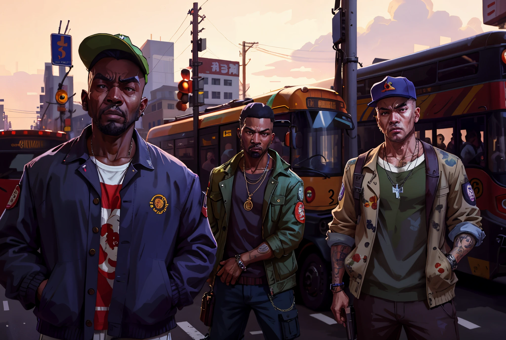 eople standing on the street corner，All kinds of strange expressions，hip hop emoticon，hip hop style，Each of the three people held a Desert Eagle Semi-automatic pistol，There  a bus in the background, gta chinatown art style, gta artstyle, GTA V art style, GTA loading screen art