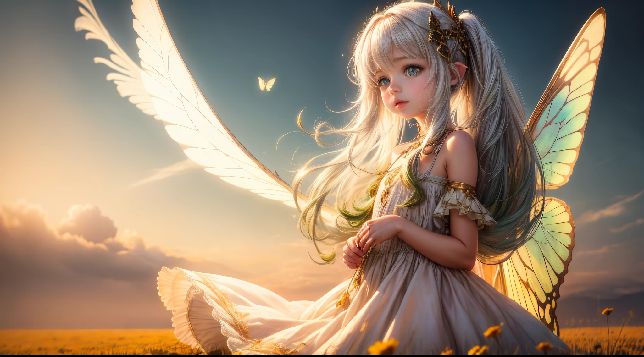 "((Innocent)) girl, golden hour, dreamy meadow, ethereal, whimsical, flowing dress, soft sunlight, enchanting, butterfly wings, (pastel clouds), liquid reflections
