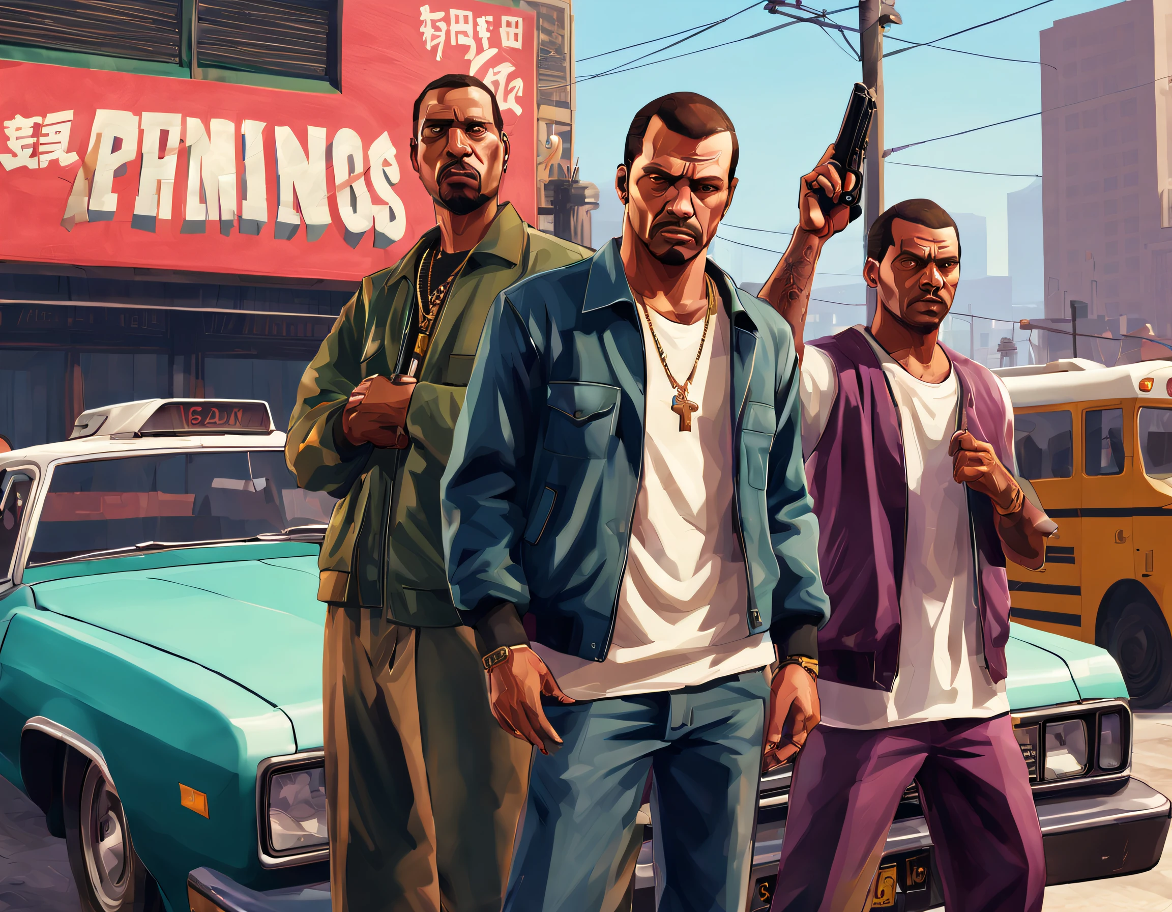 people standing on street corner，All kinds of strange expressions，hip hop emoticons，hip hop style，Each of the three men was armed with a Desert Eagle semi-automatic pistol.，There  a bus in the background, gta chinatown art style, grand theft auto art style, GTA V art style, GTA loading screen art