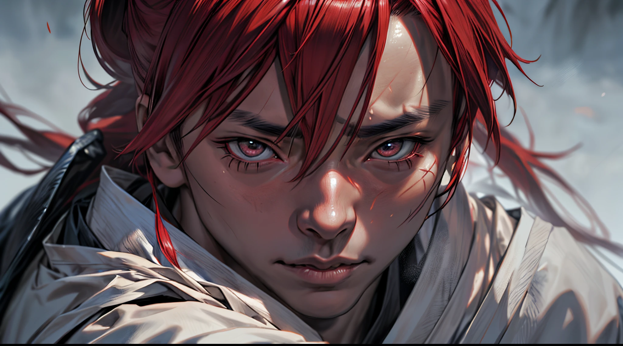 kenshin himura, a close badass look. Inspired by kenshin himura from samurai x, photo (photorealism) (realistic) (ultra HD) (8k wallpaper) (fine detailtreme details on face)