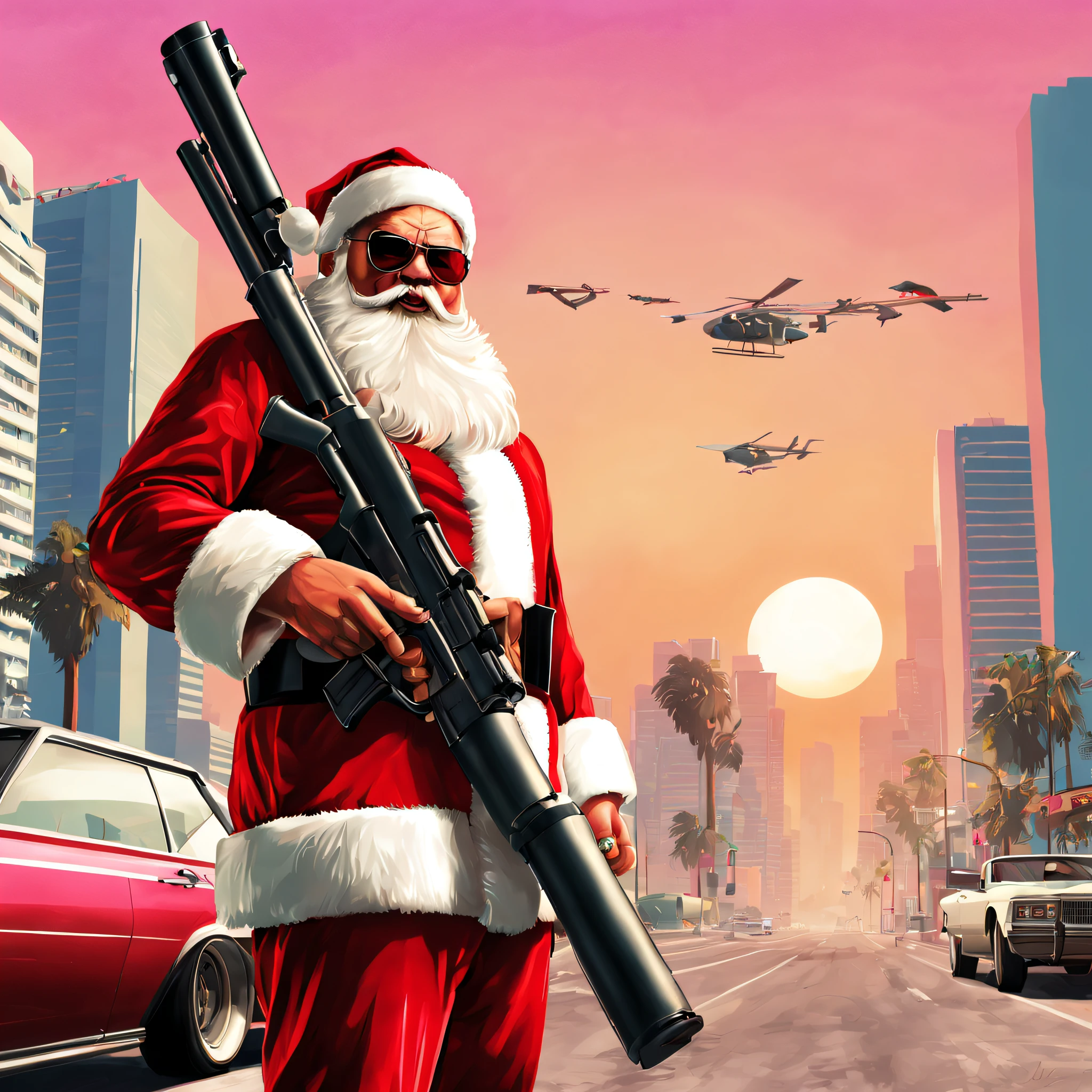 (GTA Vice City, GTA 5 cover art, GTA STYLE: 1.5), Huang Li, (独奏), ultra - detailed, (((santa))), (((Carry a Gatling gun，covered all over the body))), Full body lesbian，Anatomical correct, proud expression，Christmas Sin City，NewYork，Followed by 1 elk