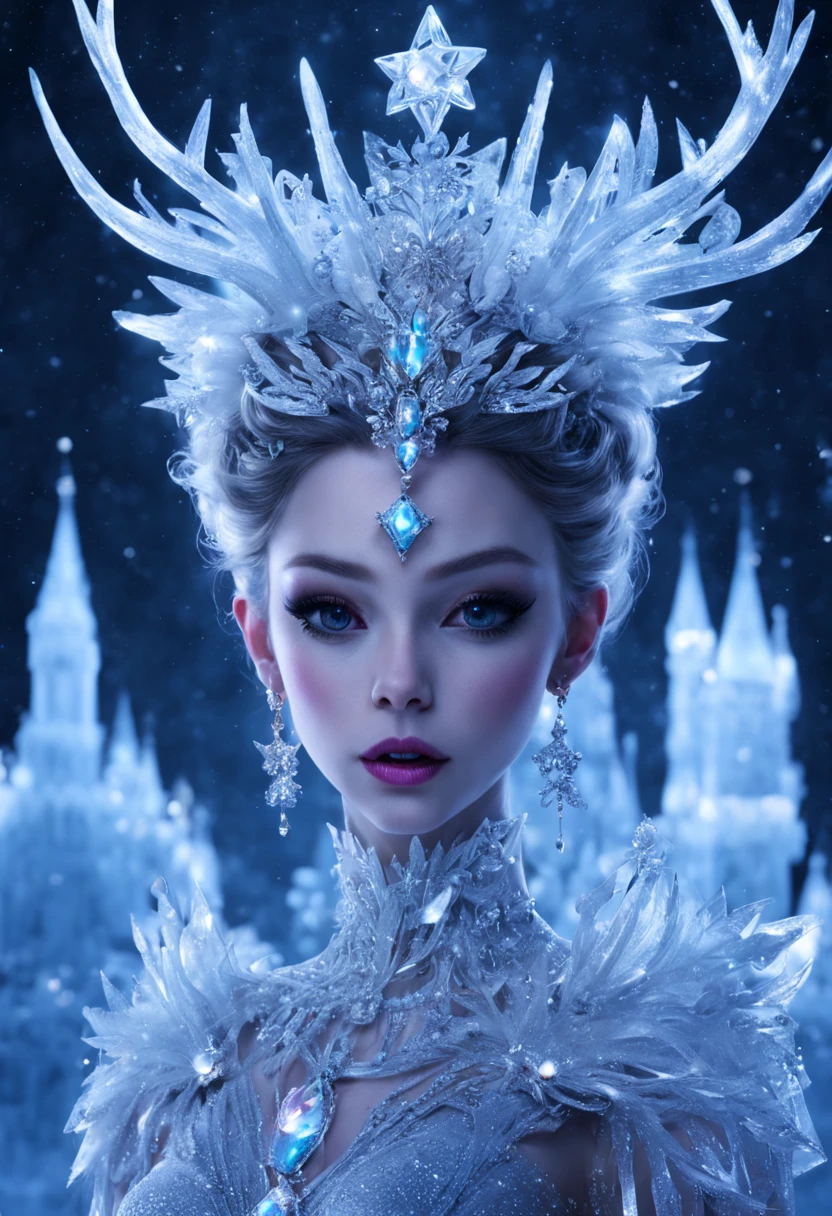 closeup on stunning high angle nice ice Qween ,very nice ice tiara. And  deer bambi.Low - cut, body in motion.Lot accessories,Jewel - accented,adorned with occult symbols,uhd, intricate detailed,hyper realistic,hyper details,neo futuristic glam,rim lighting, dark light,moon night, global neon illumination, moonlight,moon beams, raking light, inner glow, dark,stars, background ice, snow , winter, ice castle , panorama landscape