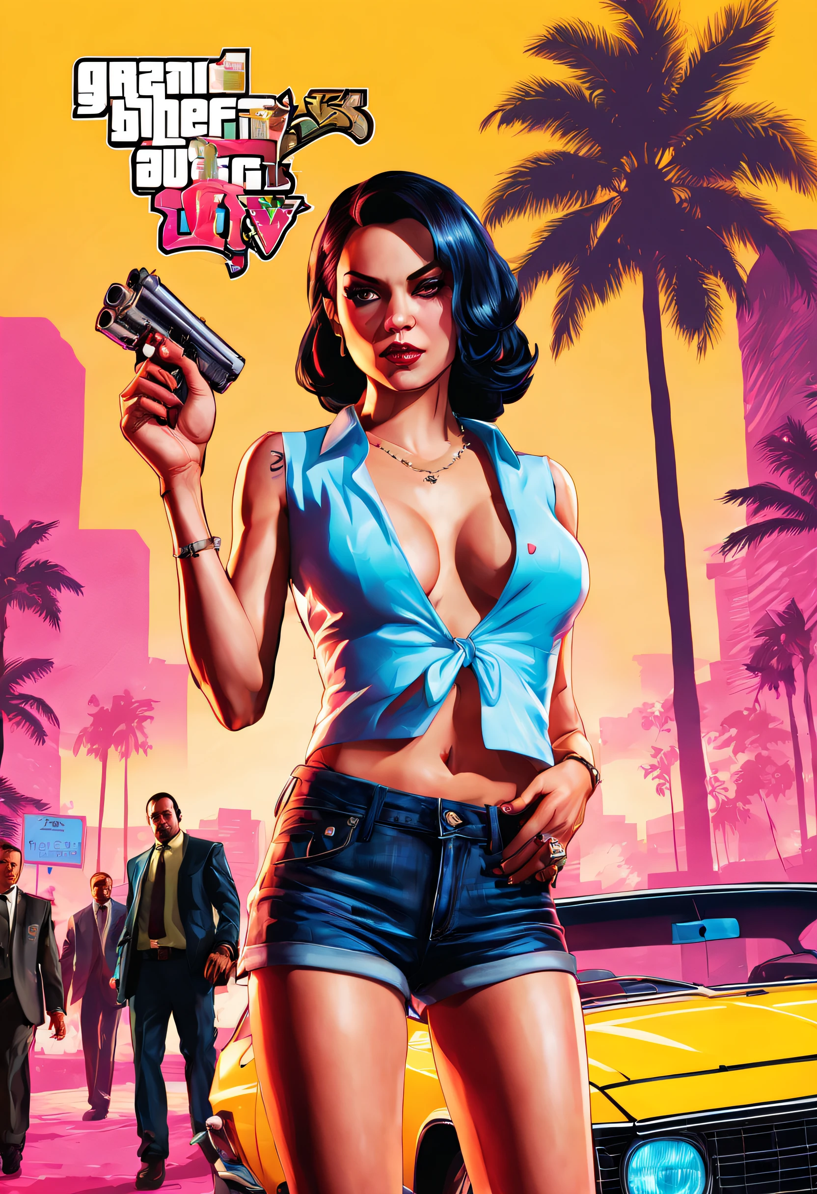 (GTA Vice City, GTA 5 cover art, GTA STYLE: 1.5), Huang Li, (独奏), ultra - detailed, (((1 Lapariga Pires ))), Punk girl with perfect body, exquisite and beautiful face, (Spelling with red letters on yellow background), midynight, dark scenery, Reach forward with your hands, Blue manicure, (Double teeth), Cemetery at night