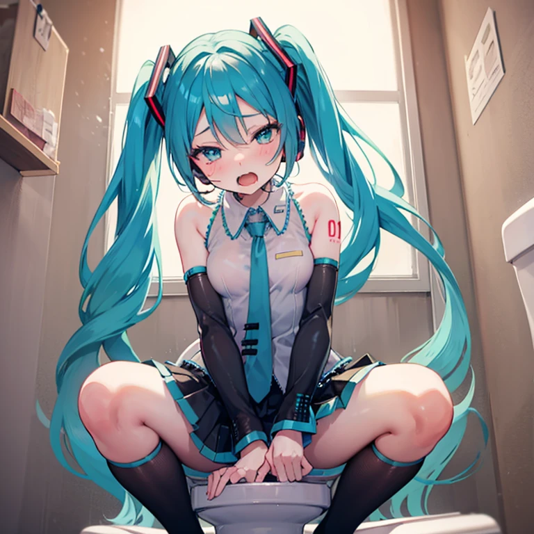 miku hatsune，fullnude，Toilet room，Ejaculation all over the body，Sit on the toilet seat，Girl trembling with sexual climax，Open your crotch，NSFW，vaginal,Raising both legs，