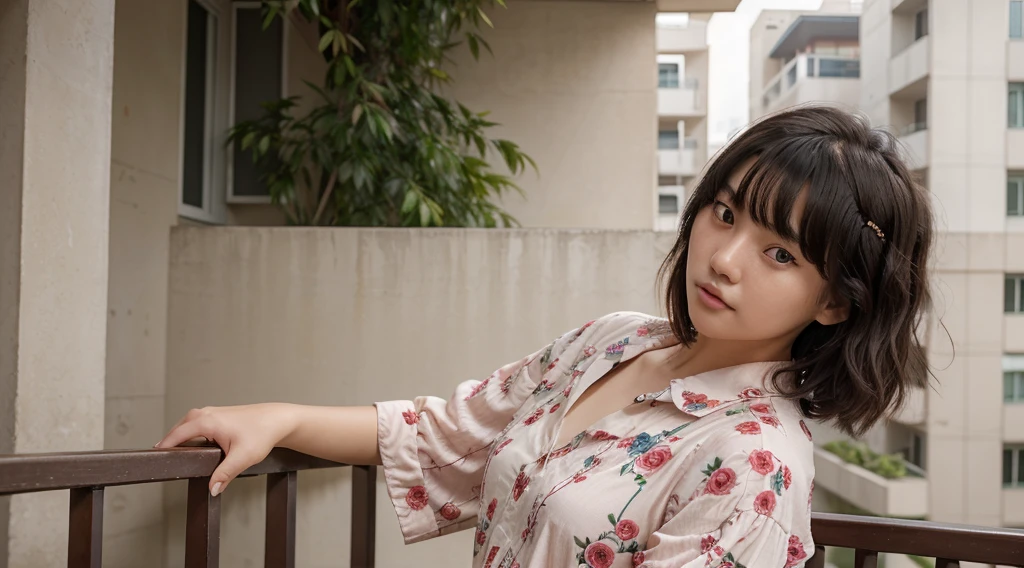 A photorealistic portrait of a 20-year-old korean girl with short wavy fringe hair. wearing shirt art rose motif pattern, She should have a very $exy and natural expression. The background should be a balcony hotel. Capture this image with a high-resolution photograph using an 85mm lens for a flattering perspective.