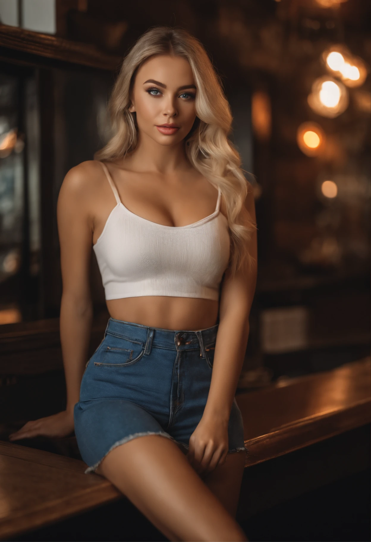 Blonde woman posing in nightclub with matching tank top and skirt, with blue eyes, portrait sophie mudd, blur backgroun, Best quality, 1girll, Portrait of Corinna Kopf, blonde hair and large eyes, selfie of a young woman, Orn makeup, natural makeup, Look directly into the camera, face with artgram, Decentus makeup, Great full body photo, Being in the room, Large of breast, Blonde, latina