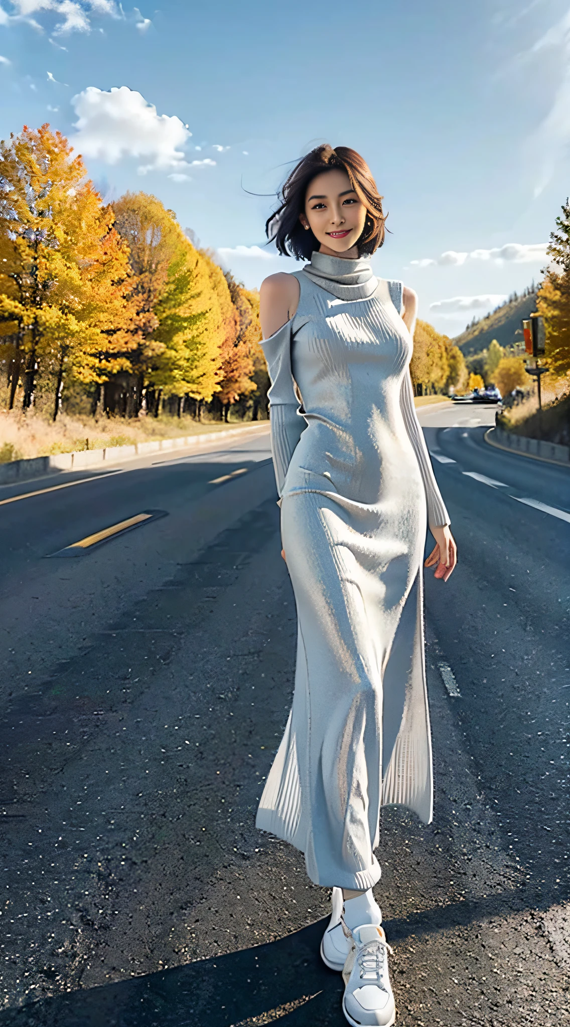 (Shoulder length straight short hair: 1.1),（Very meticulous CG 8k wallpapers），（Very sophisticated、Beautiful fece），（masutepiece），（best qualtiy：1.0),(Ultra High Resolution:1.0),realistic shaded，[hight resolution],(smooth, completely fair skin,:1.5),(Shiny skin:1.5),Very exquisite facial detail,(Perfect body：1.1），ultra - detailed，beautiful  Girl，small head,(Breast Abundance:1.1)，flat-chest，slim，Thin,(Smile:1.2),Happy,(maxi sweater dress:1.5),(pantyhose:1.4),(White sneakers:1.3),Slender legs,Walking,(On the roadside:1.3),(yellowed trees on both sides of the road々々Columns:1.3),A clear day,(day scene:1.5),late autumn, Blue sky, white clouds,Close Shot,Upper body,Cowboy Shot