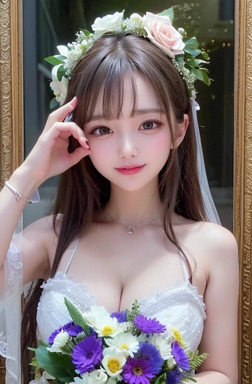 ((natta、Real Light、top-quality、8K images、​masterpiece:1.3))、extremely detailed eye、extra detailed face、high detailed skin texture、Beautiful girl with normal body shape:1.4、(beautiful brown hair:1.Ura white、intricate embroidery wedding dress、Silk Fabric、A sexy、cleavage of the breast、constricted hips、gazing at viewer、hyperdetailed face、A detailed eye、Happiness、huge smile、Holding a bouquet of flowers in your hands、wedding hall、florals、