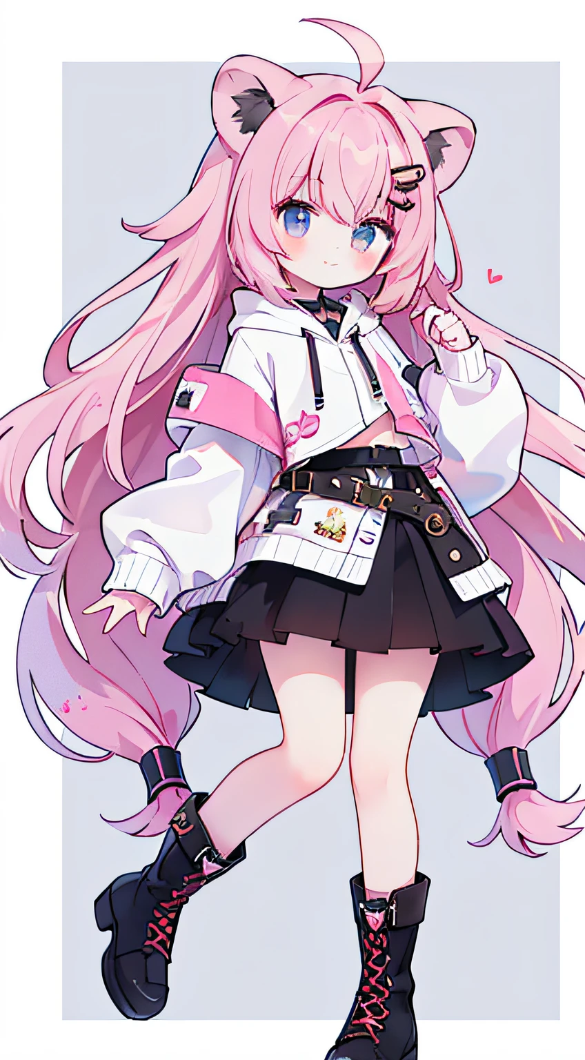 (​masterpiece、top-quality、hightquality)、full body of a young girl、One Little Girl、Long pink hair、Tied hair、Fluffy、Black short skirt、Mafia Girls、full body Esbian、Fluffy atmosphere、Leather boots、Pure white background、smil、Active、lion motif hoodie、