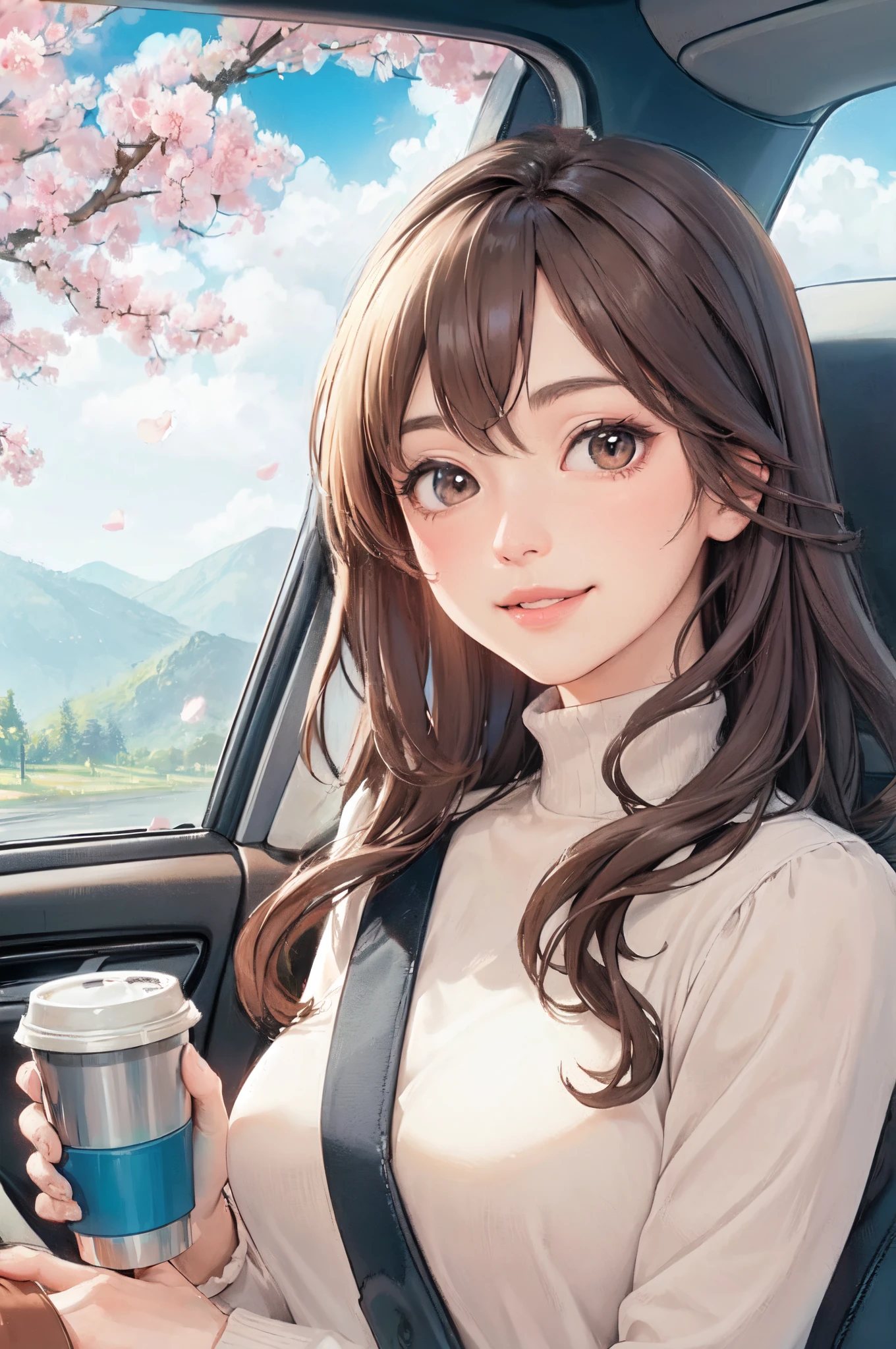1lady solo, (sitting on passenger seat), (stylish outfit), mature female, /(brown hair/) bangs, blush kind smile, (masterpiece best quality:1.2) delicate illustration ultra-detailed, large breasts BREAK holding a coffee cup BREAK (car indoors:1.2) passenger seat (seatbelt:1.2), trees cherry blossoms