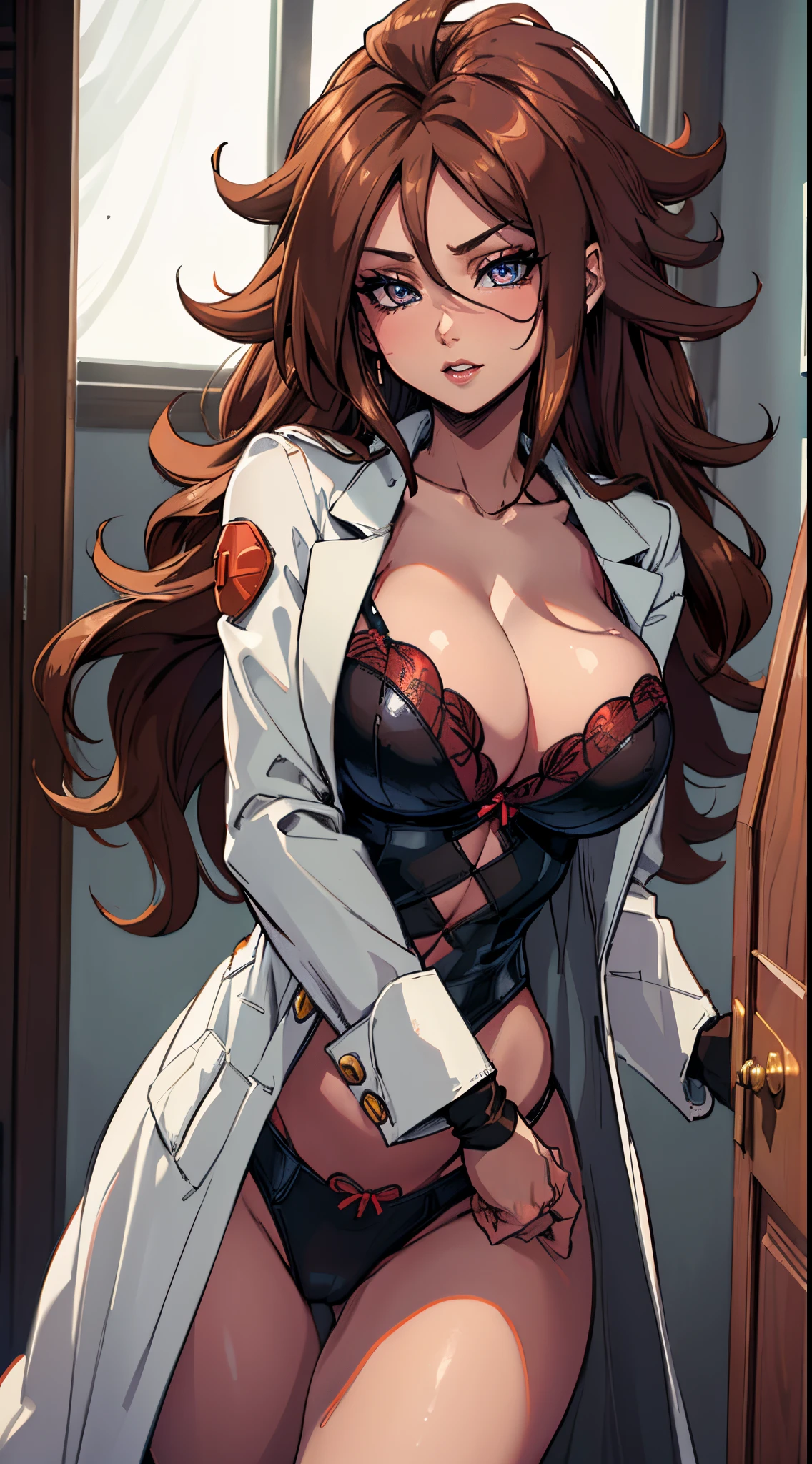 (best quality:1.3), android 21, ), busty, cleavage, (brown hair), ((long hair)), seductive, Sexy Face, sexy, , big room), (lingerie), (white coat)