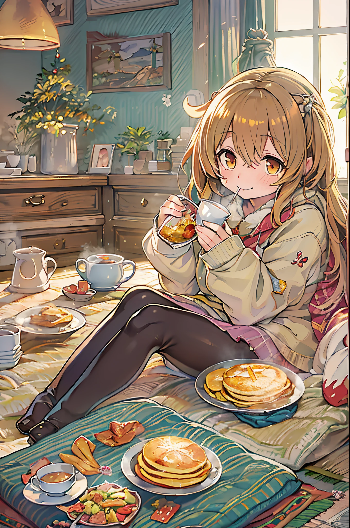 Sit under the kotatsu and eat pancakes、Anime girl drinking tea, pixiv, Cute Anime, In pixiv, anime food, cute anime catgirl, anime wallaper, Lori, trending in pixiv, hd anime wallaper, Cute anime girl, Anime visuals of cute girls, anime moe art style, Anime Background, anime style 4 k, Asuka、Eat pancakes