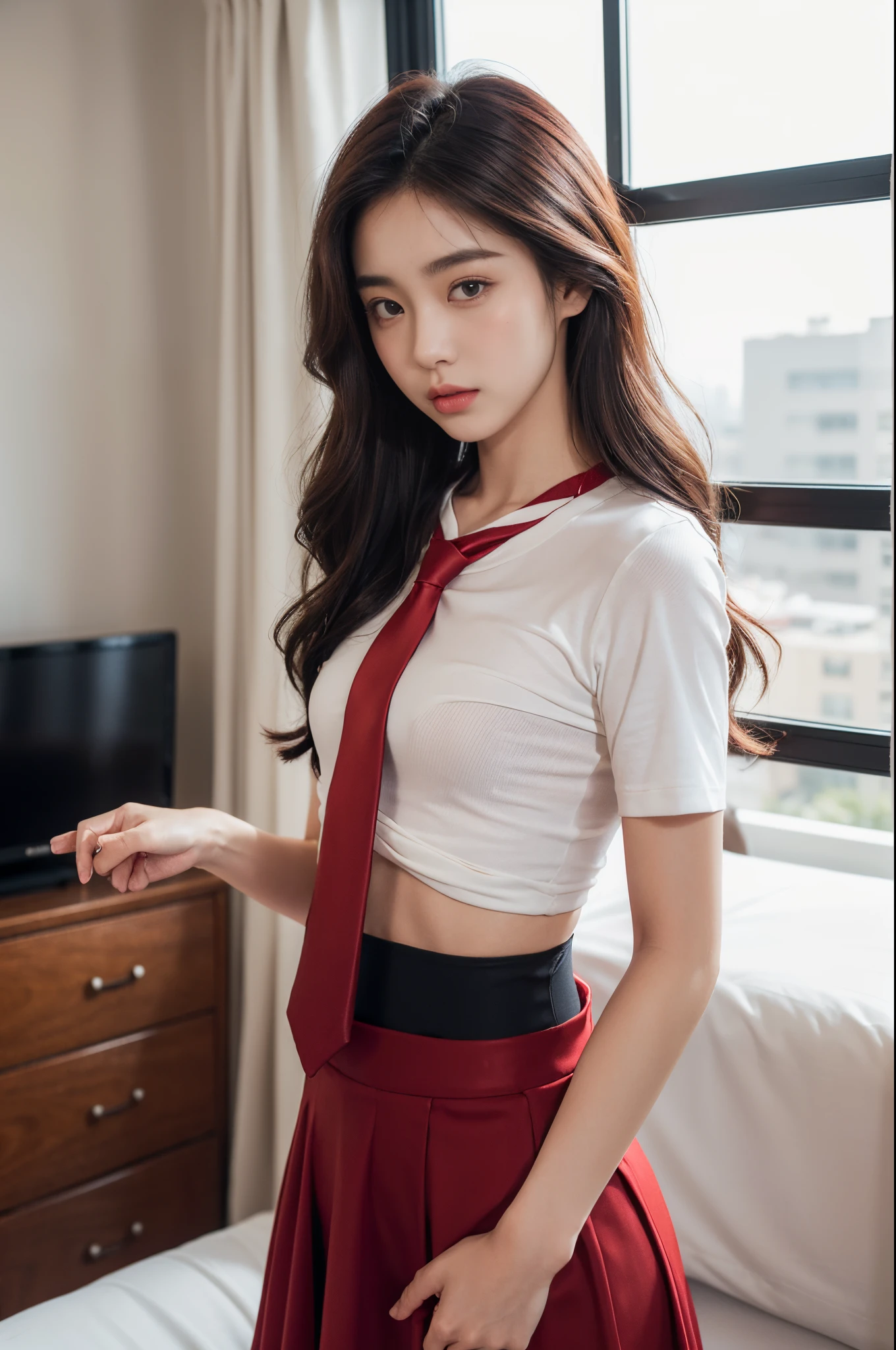 (8k,best qualtiy,tmasterpiece:1.2),(realisticlying,photo-realistic:1.4),(RAW photos),Perfect details,18-year-old South Korean female model,korean beautifull girl,Goose egg face shape,Wavy curly hair,Pure desire,((Upper body:5 points shirt,Black shirt,(Small red tie),short- sleeved,Crop topping)),(private parts:Skirt that wraps hiplack in color),Wear pantyhose and sneakers,The chest large,Chest,butt lift,Hotel,guest room,window,standing on your feet