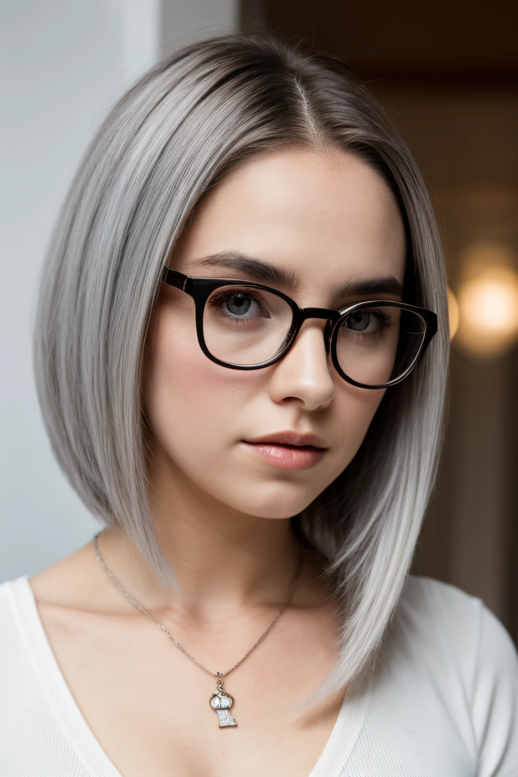 A closeup of a woman with glasses and a necklace, linda Delphine, with square glasses, Transparent glasses, white glasses, wearing square glasses,  perfeita de cabelos brancos, With eye Glasses, meninao prateado, glasses, flowy white grey hair, nerdy glasses, ava max, girl with glasses, thick glasses, Vidros de aro quadrado, cabelos grisalhos claros