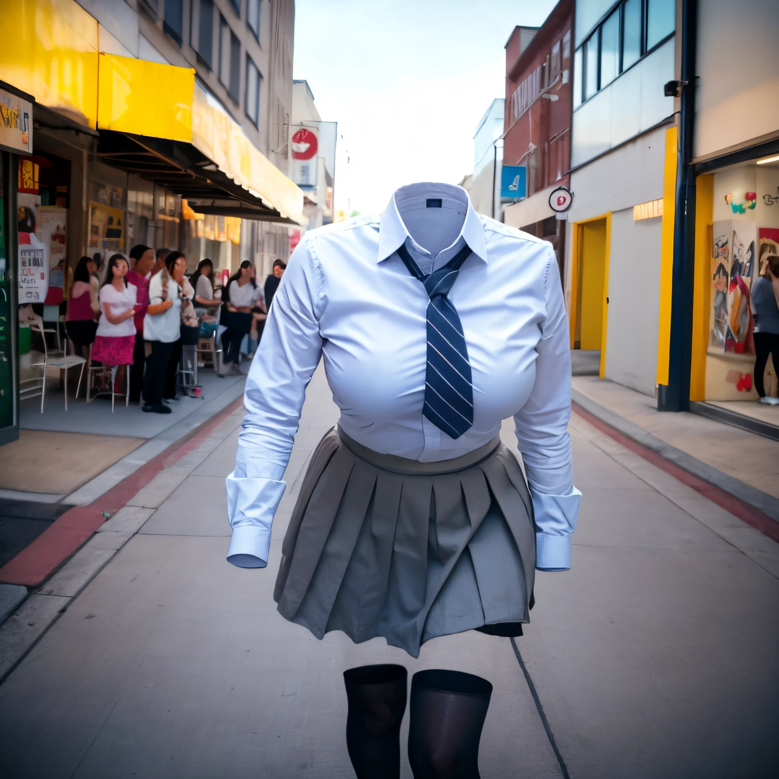 chubby, fat, white shirt, school blazer, blue stripe tie, school tie, school uniform, jumping, cute pose, (invisible, no humans, headless, faceless:1.5), cute big breasts, close-up shot of breasts, (8k, RAW photo, best quality, masterpiece:1.2), (realistic, photo-realistic:1.37), photon mapping, radiosity, ((Hasselblad photography)), physically-based rendering