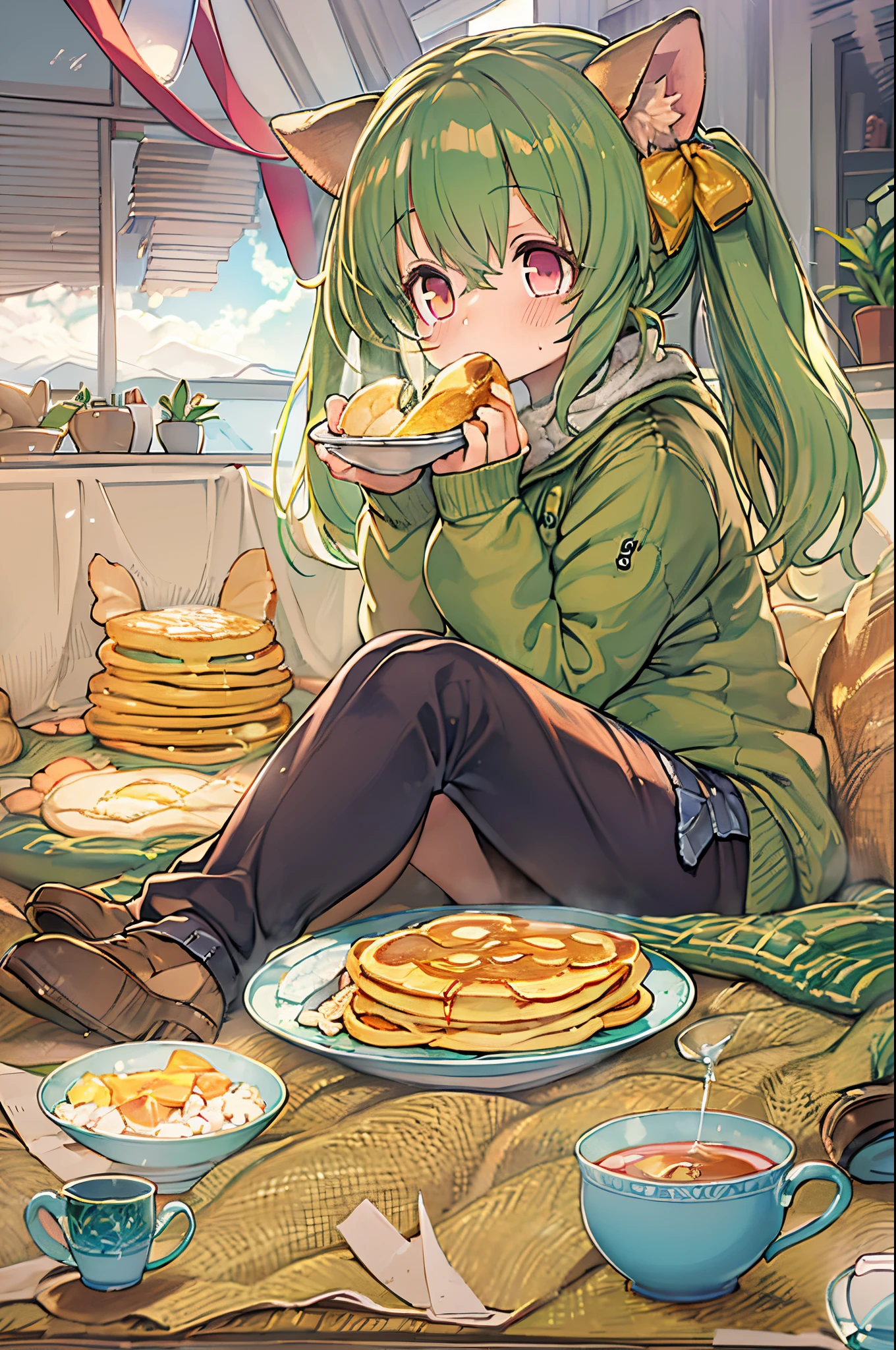 Sit under the kotatsu and eat pancakes、Anime girl drinking tea, pixiv, Cute Anime, In pixiv, anime food, cute anime catgirl, anime wallaper, Lori, trending in pixiv, hd anime wallaper, Cute anime girl, Anime visuals of cute girls, anime moe art style, Anime Background, anime style 4 k, Asuka、Eat pancakes