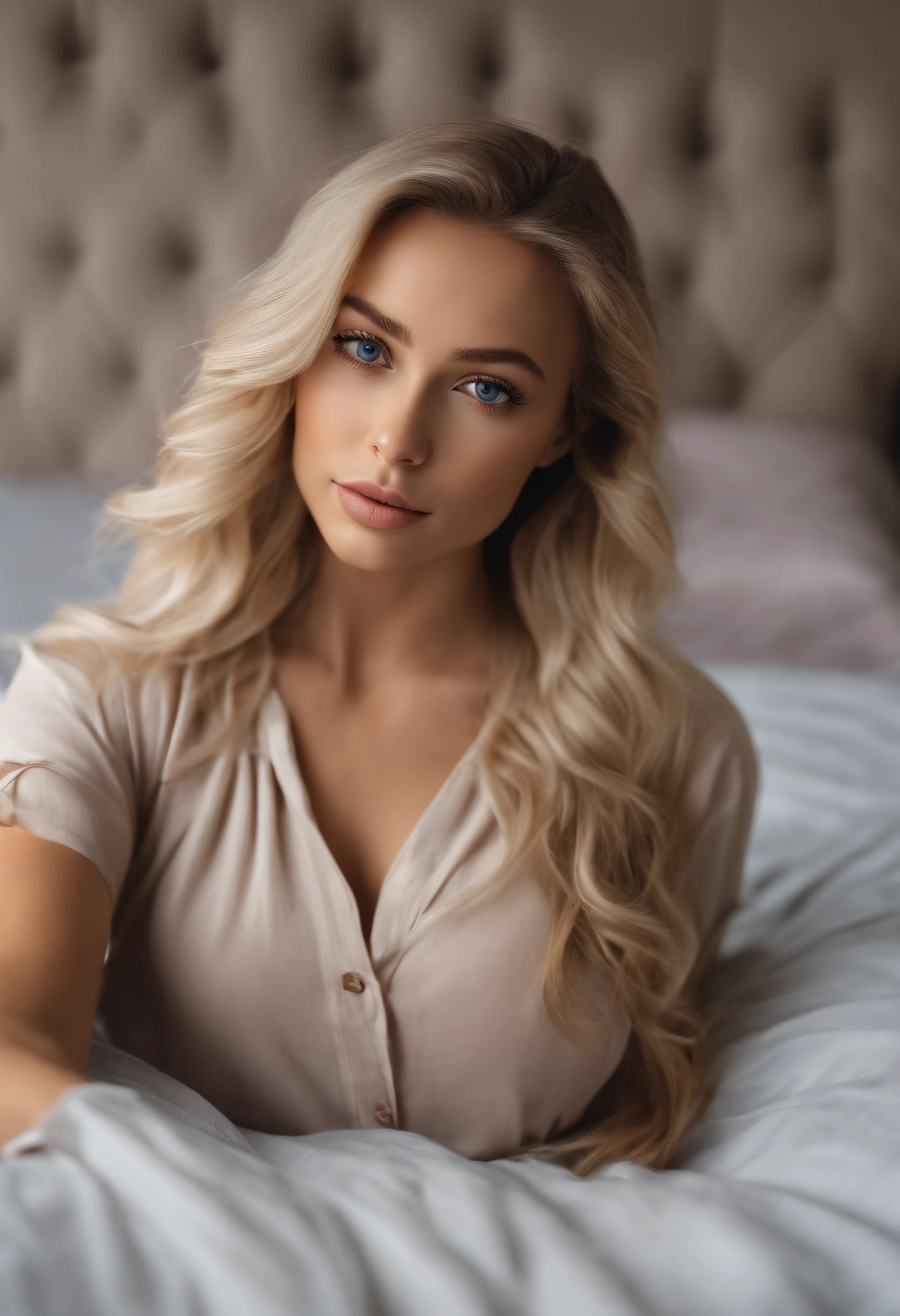 (selfie plan) arafed woman fully , with blue eyes, ultra realistic, meticulously detailed, portrait sophie mudd, blonde hair and large eyes, selfie of a young woman, bedroom eyes, violet myers, without makeup, natural makeup, looking directly at the camera, face with artgram, subtle makeup, stunning full body shot kneeling on bed, in bedroom, medium to large size bust