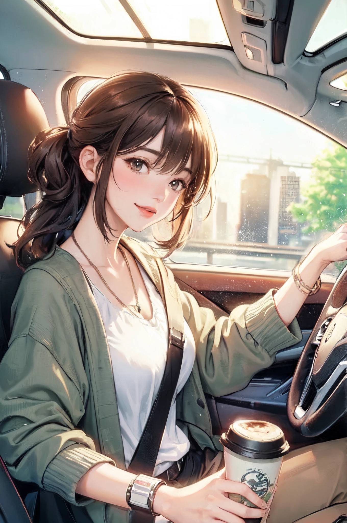 1lady solo, (sitting on passenger seat), (stylish outfit), mature female, /(dark brown hair/) bangs, blush kind smile, (masterpiece best quality:1.2) delicate illustration ultra-detailed, large breasts BREAK holding a coffee cup BREAK (car indoors:1.2) passenger seat (seatbelt:1.2), (blur of the cityscape rushing by)