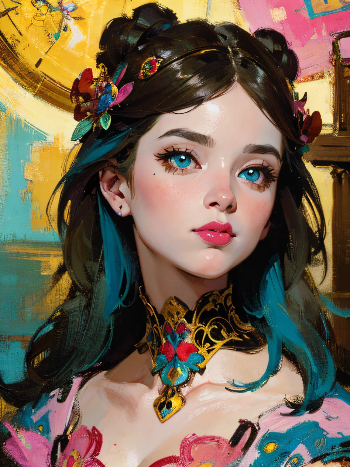 Symmetry, Finely Detailed Elaborate Ornate Forest Princess with Elaborately Detailed Colorful Eyes; by Lisa Frank, jeff koons, Orange and Pink, and Yellow and Teal, pretty face, intricate, elegant, highly detailed, digital painting, art station, concept art, smooth, sharp focus, illustration, art by art germ and greg rutkowski and alphonse mucha, 8k