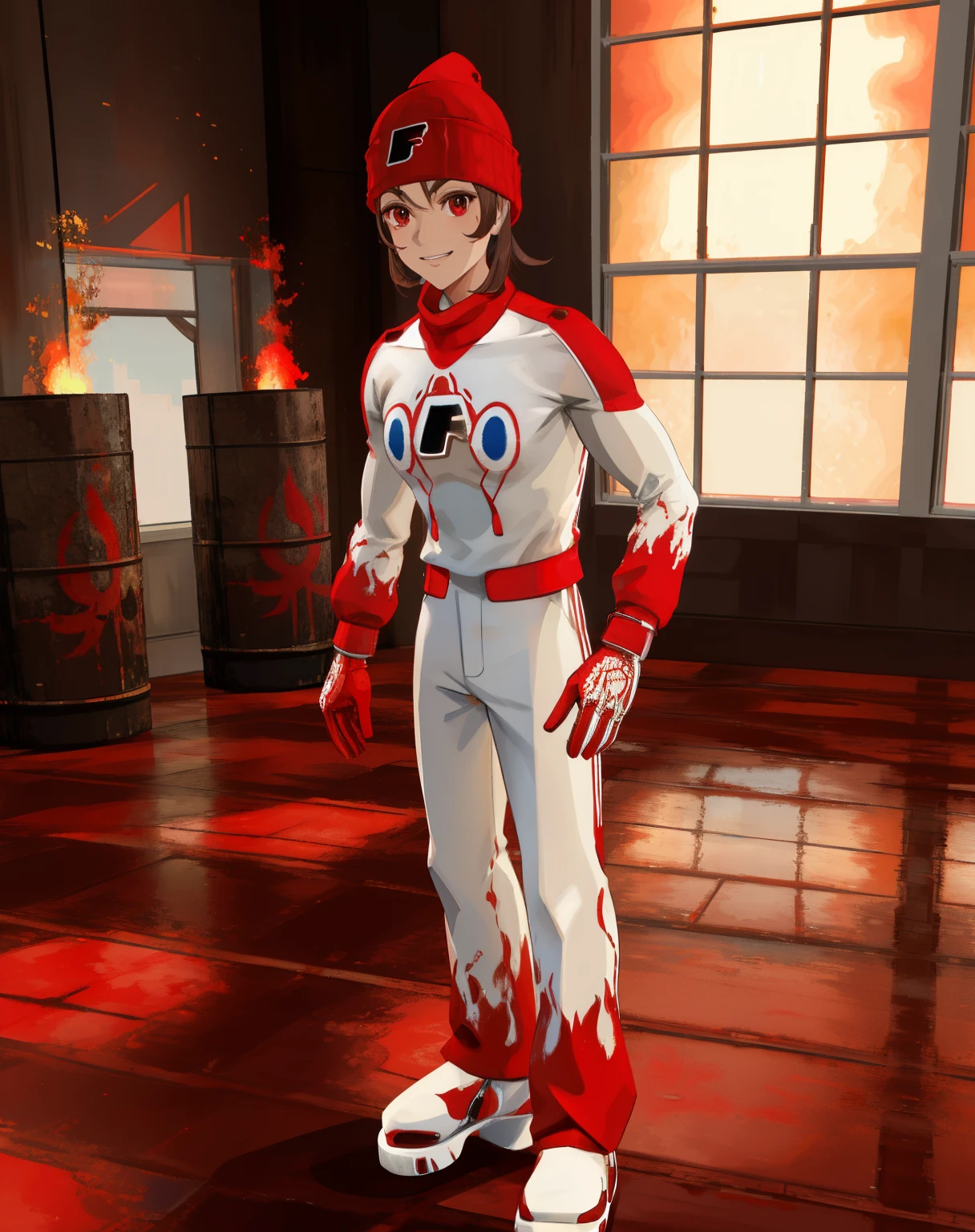Heat, brown hair, red eyes, white and red body suit,   red beanie with letter F, gloves, 
solo, standing, smile, 
 burning building, windows, barrels, indoors, 
 (insanely detailed, beautiful detailed face, masterpiece, beautiful detailed eyes, best quality)