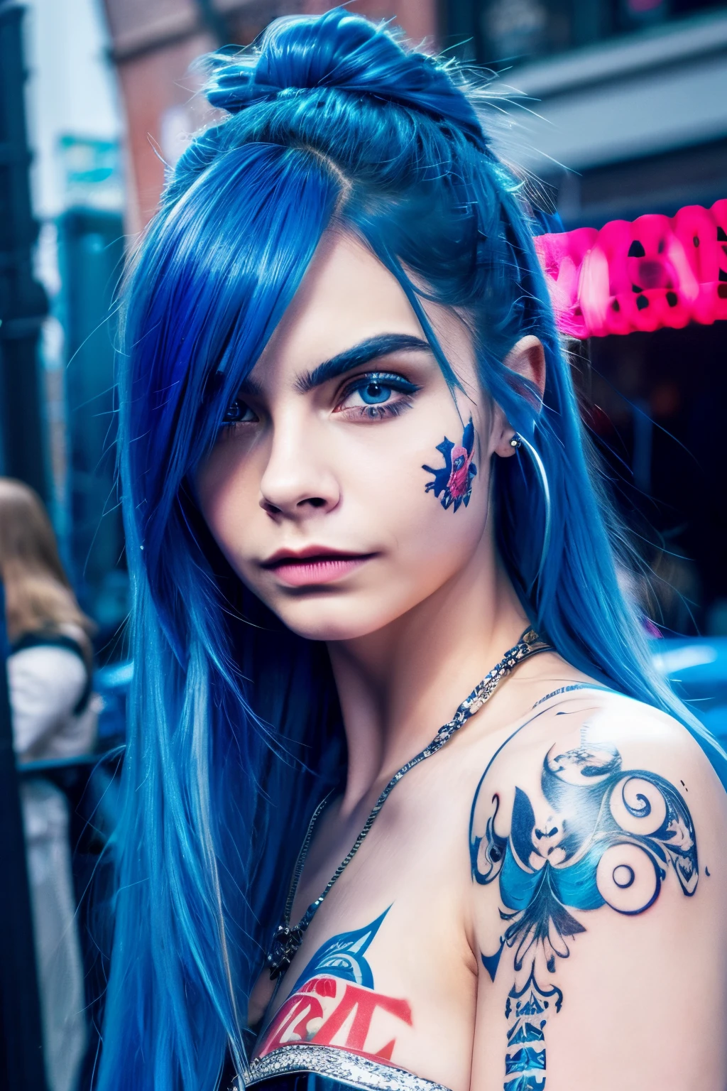 Real Women、Cara Delevingne's face、Blue hair、Blue eyes、Longhaire、The tattoo、piercings、jaket、World of Cyberpunk、