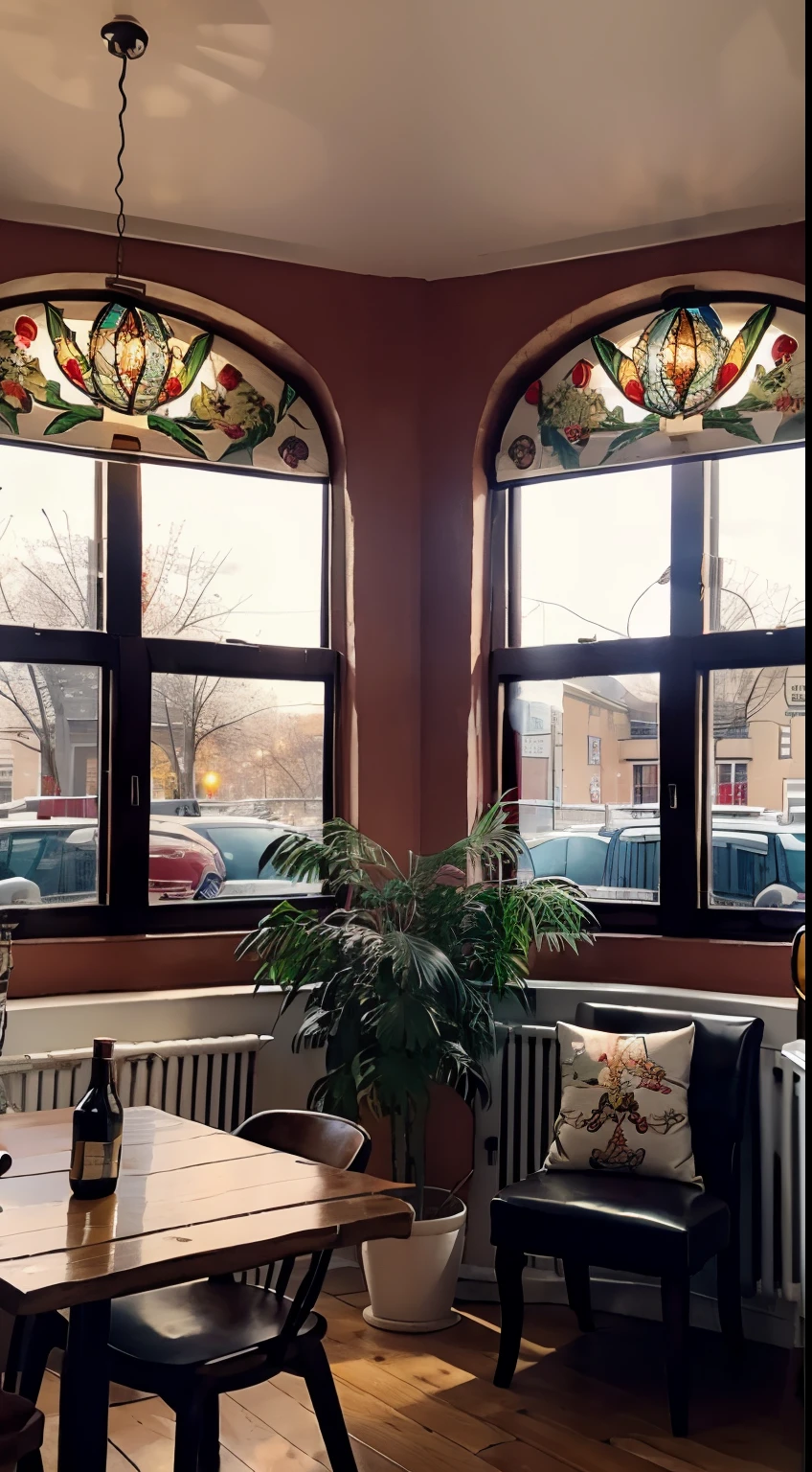 There was a bottle of red wine on the table、Biscuits and bread, Red wine glasses, Christmas tree, Window lighting , Bright light, Background floral pattern curtains, Christmas decorations, Still life impasto painting , In retro coffee shop, Bright background, Good sunshine, Festive atmosphere
