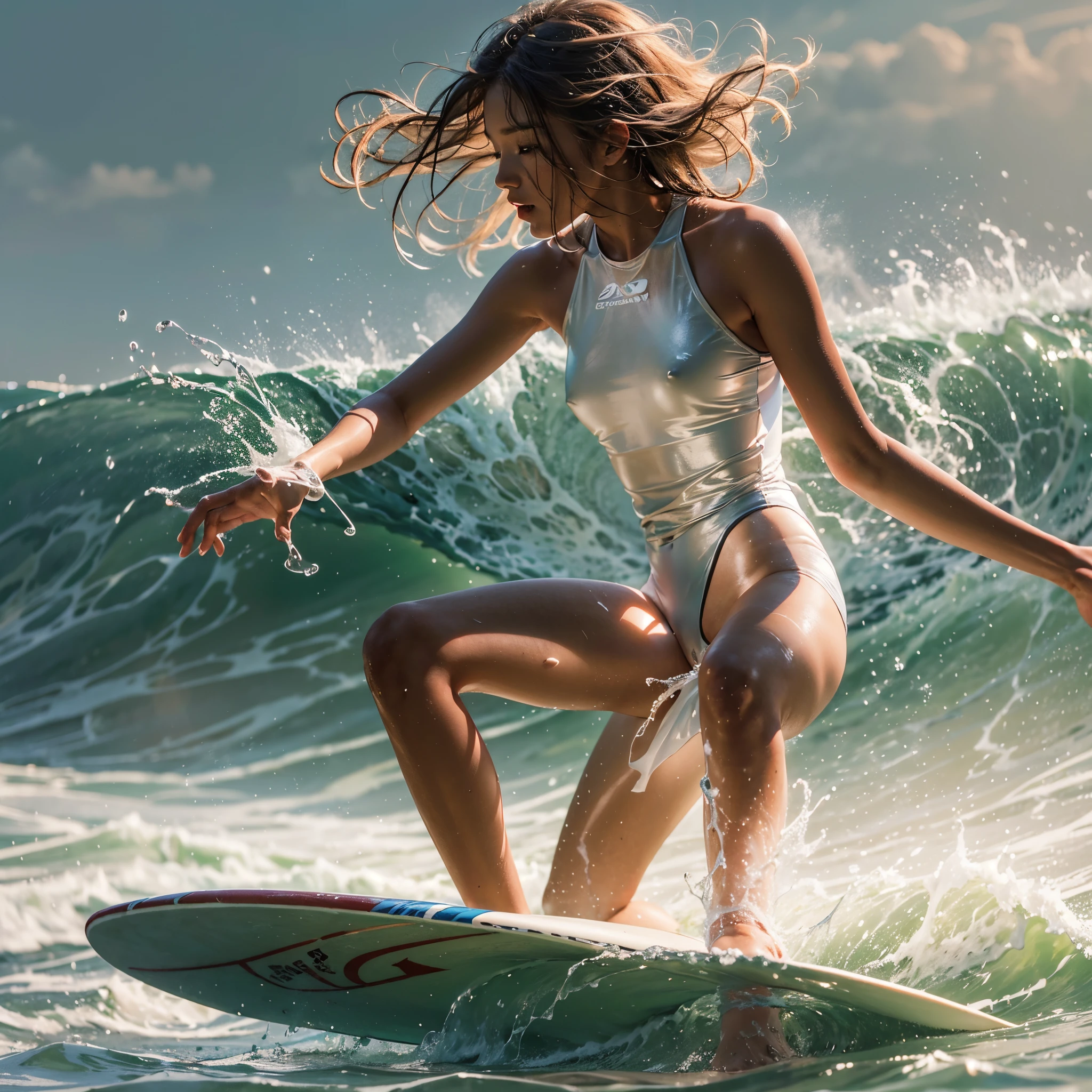 (((NSFW STILL SHOW, Acutance))), a tiny Surfer girl in white swimsuits, (((engaged in the act of surfing))), glistening tanline, under the mesmerizing back lighting. They gracefully ride the powerful waves, showcasing their Beautiful body and acrobatic skills. creating a breathtaking and ethereal atmosphere. Whole Body proportions and all limbs are anatomically accurate .