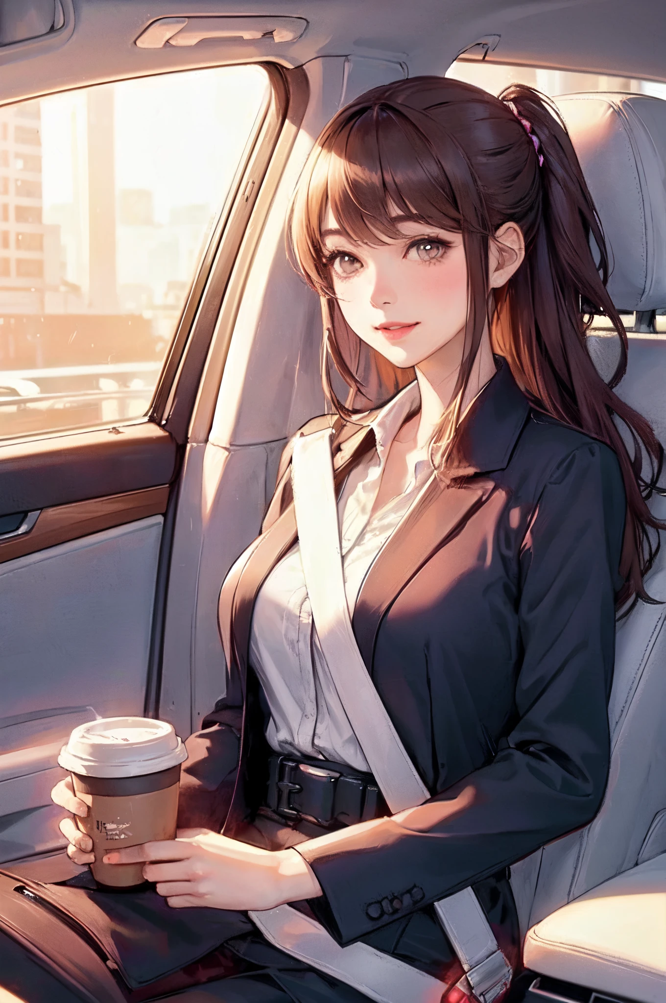 1lady solo, (sitting on passenger seat), (stylish outfit), mature female, /(dark brown hair/) bangs, blush kind smile, (masterpiece best quality:1.2) delicate illustration ultra-detailed, large breasts BREAK holding a coffee cup BREAK (car indoors:1.2) passenger seat (seatbelt:1.2), (blur of the cityscape rushing by)