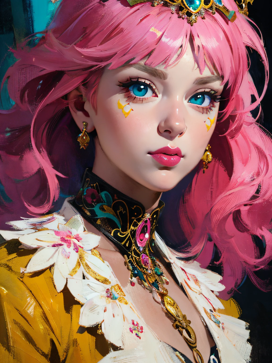 Symmetry, Finely Detailed Elaborate Ornate Forest Princess with Elaborately Detailed Colorful Eyes; by Lisa Frank, jeff koons, Orange and Pink, and Yellow and Teal, pretty face, intricate, elegant, highly detailed, digital painting, art station, concept art, smooth, sharp focus, illustration, art by art germ and greg rutkowski and alphonse mucha, 8k