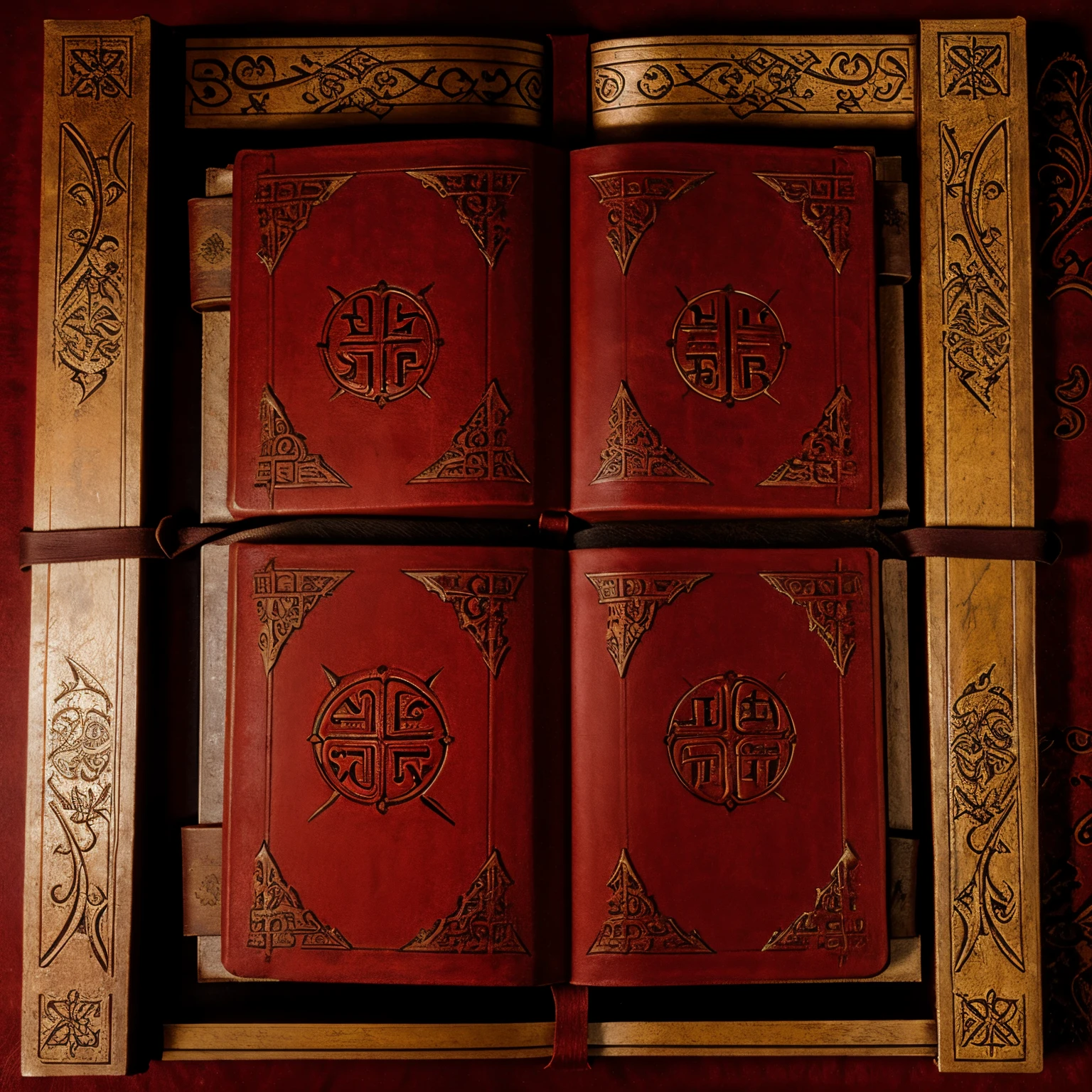 ancient spell book, red cover, with sigils across the bindings