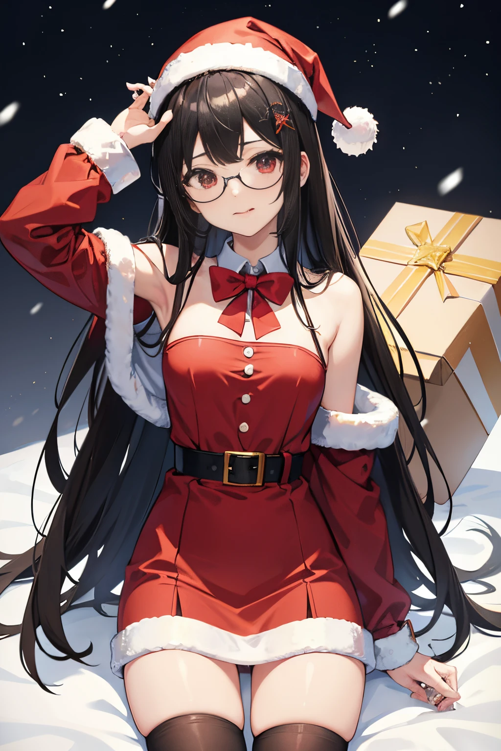 "anime girl, 1 person, black hair, shoulder length hair, red eyes, glasses, white horns, discreet, santa outfit, santa shirt, santa hat, winter outfit, big breasts, stockings,  licking lips, small black wings on back, solo, front view, falling snow, Christmas gift box, Christmaull HD 4K+ image)"