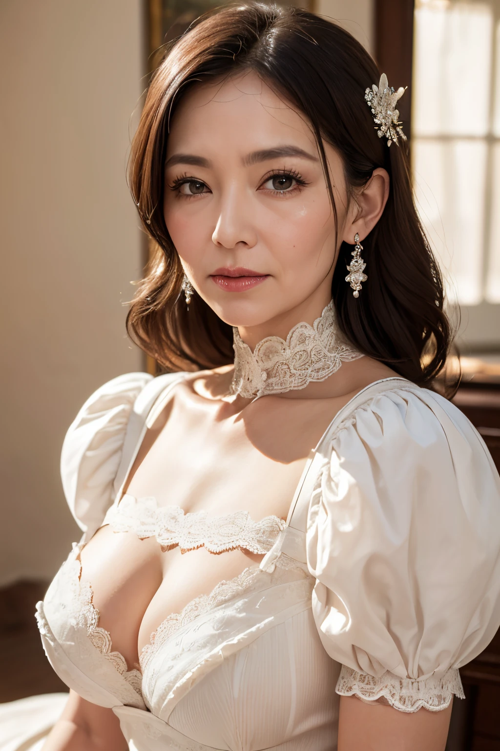 (Masterpiece:1.2), high definition, high quality,(60-year-old woman:1.2)、(Wrinkles on the face:1.2)、Beautie、raor gown, Sweet Lolita, Puffy sleeves,Big breasts