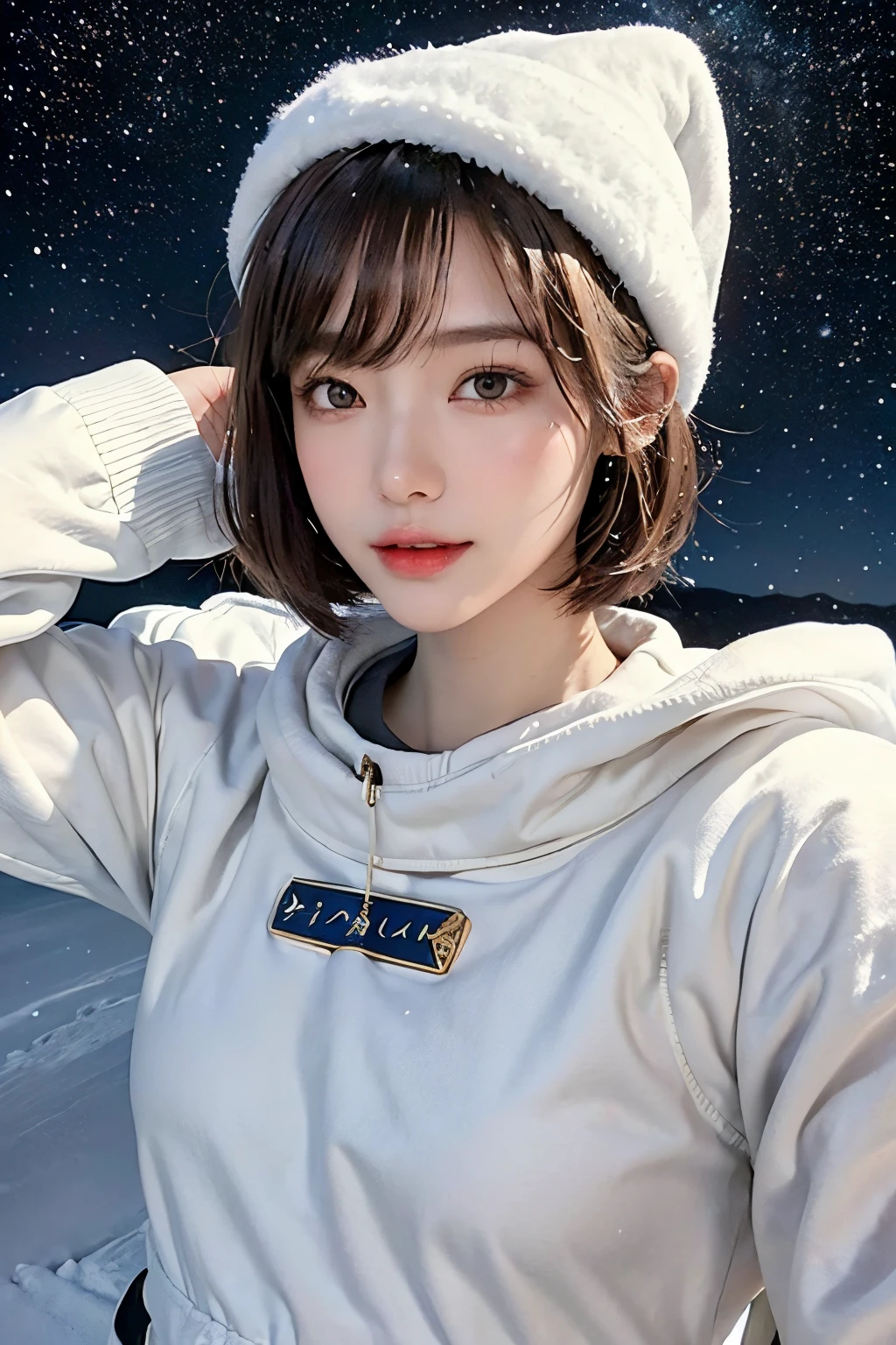 top-quality、masterpiece、超A high resolution、(realisitic:1.4)、Beautuful Women1、Beautiful detail eyes and skin、ssmile、Light brown short-cut hair、The perfect spacesuit、spaceships、cosmic space、ice snow planet、cloudy ash sky、It's snowing、snow blowing、santa hat、