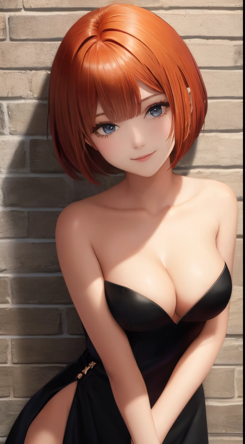 one-girl,medium breasts,cleavage, looks into camera,short orange hair,bob cut, black eyes, strapless, Black dress, skin-tight dress, City streets, standing near a brickwall, smile, sunny day, 2D illustration, vector art.