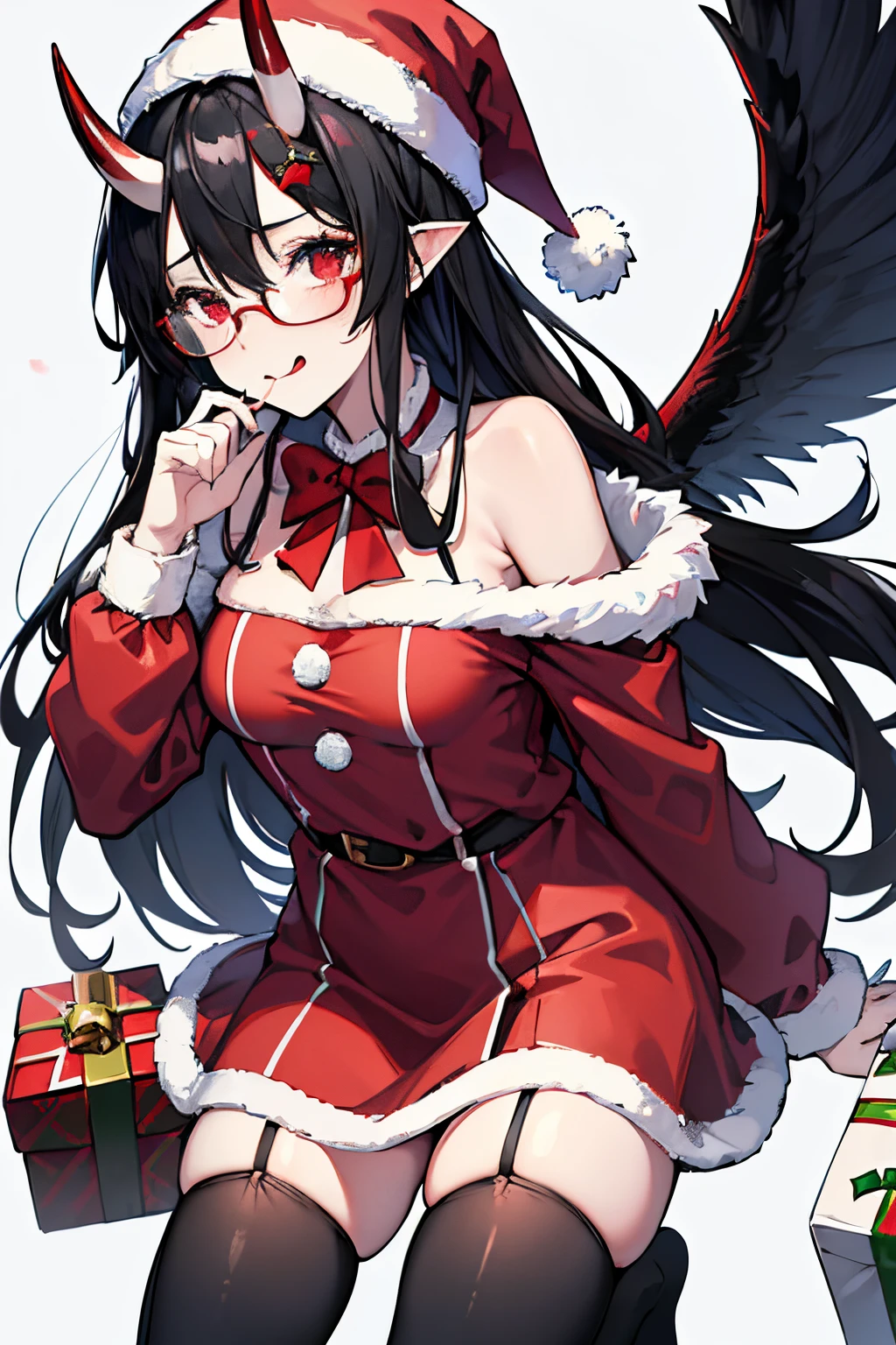 "anime girl, 1 person, black hair, shoulder length hair, red eyes, glasses, white horns, discreet, santa outfit, santa shirt, santa hat, winter outfit, big breasts, stockings,  licking lips, small black wings on back, solo, front view, falling snow, Christmas gift box, Christmaull HD 4K+ image)"