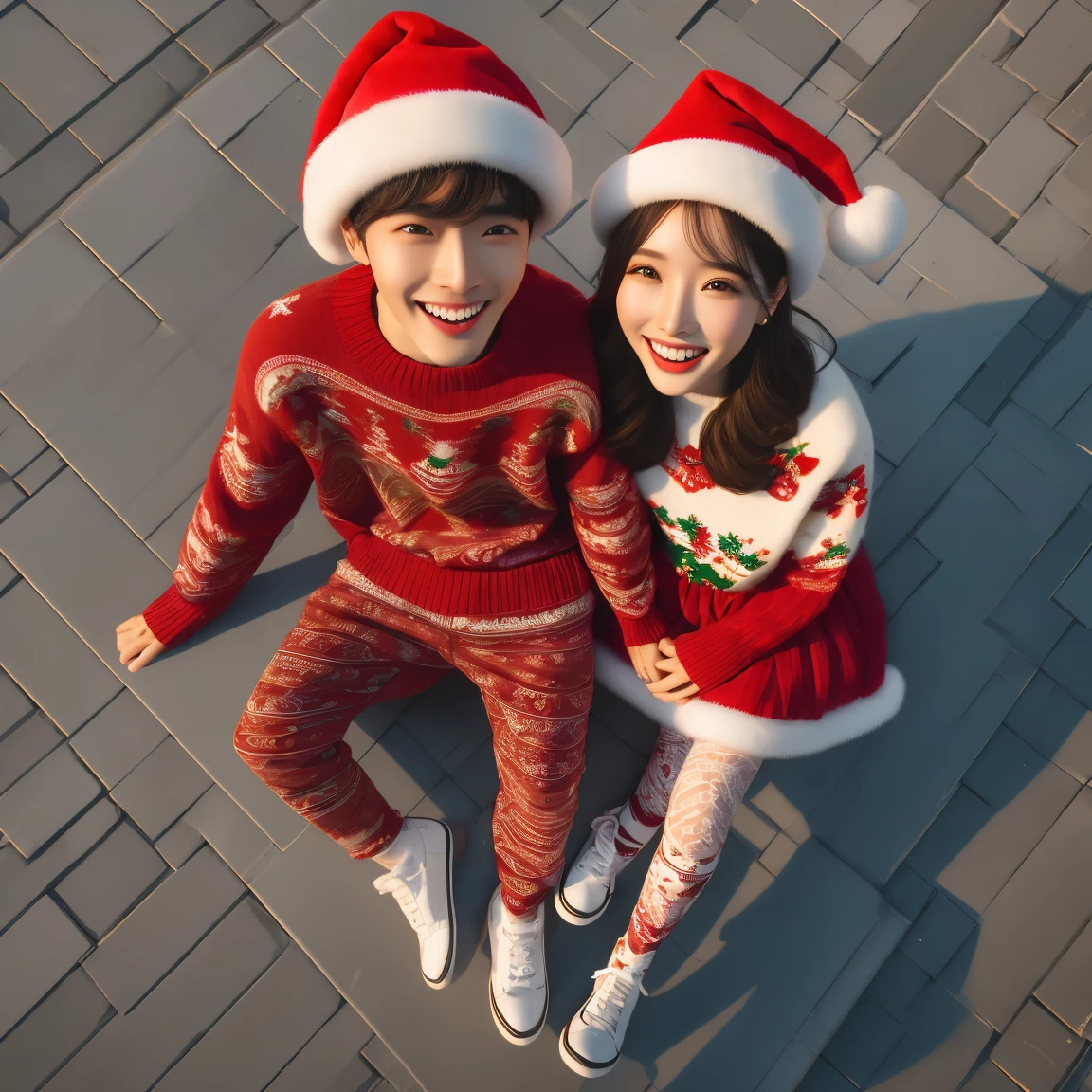 Xmaslover，Top-down perspective,fullbody shot of a pair of chinese young lovereautiful and handsome，detailed face and eyes，laughing, Fantastic gorgeous background，skin textures，UHD，realistic，3d，((Best quality)), ((Masterpiece)), anatomy correct，