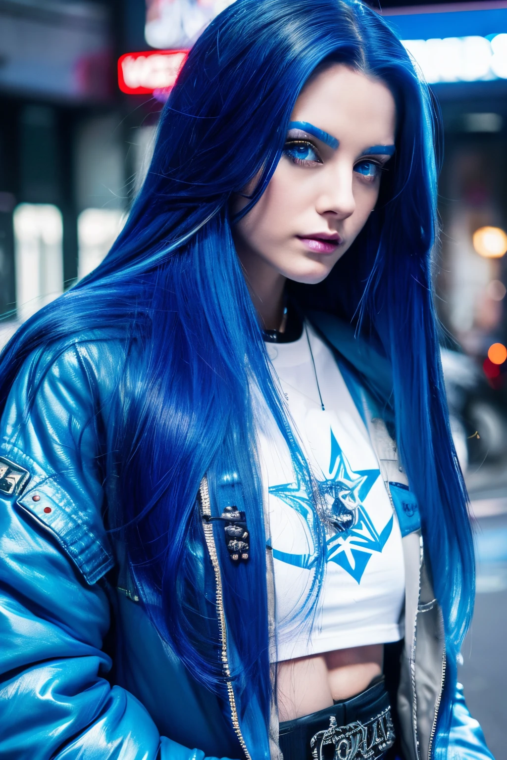 Real Women、Tate McRae's face、Blue hair、Blue eyes、Longhaire、The tattoo、piercings、jaket、World of Cyberpunk、