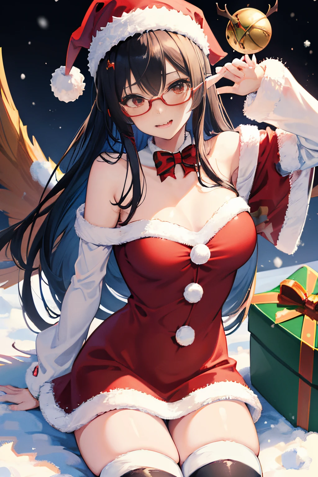 "anime girl, 1 person, black hair, shoulder length hair, red eyes, glasses, white horns, discreet, santa outfit, santa shirt, santa hat, winter outfit, big breasts, stockings, licking lips, small black wings on back, solo, front view, falling snow, Christmas gift box, Christmaull HD 4K+ image)"